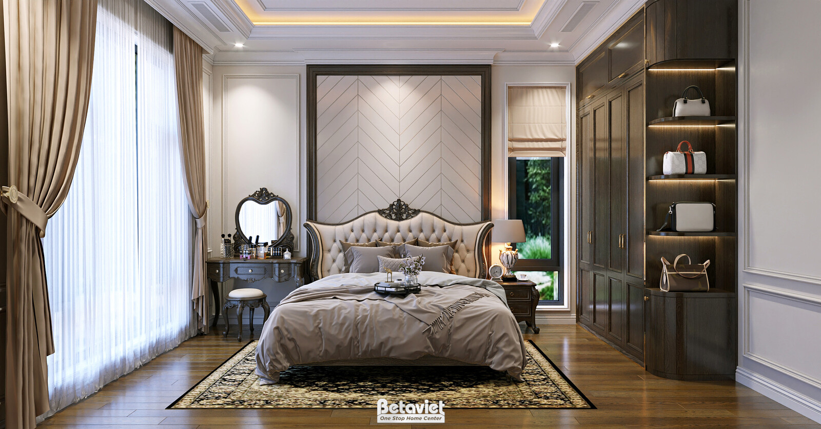 Nội thất phòng ngủ biệt thự tân cổ điển KT5509052 – góc nhìn tổng thể
