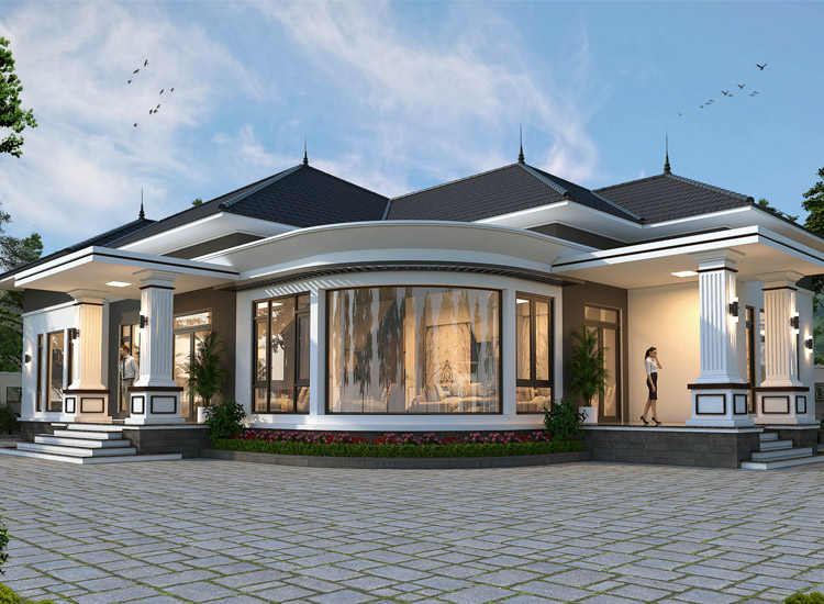 Nhà vườn 1 tầng mái Thái ở nông thôn tại Bình Phước KT2008098 - góc chếch trái hiên trước