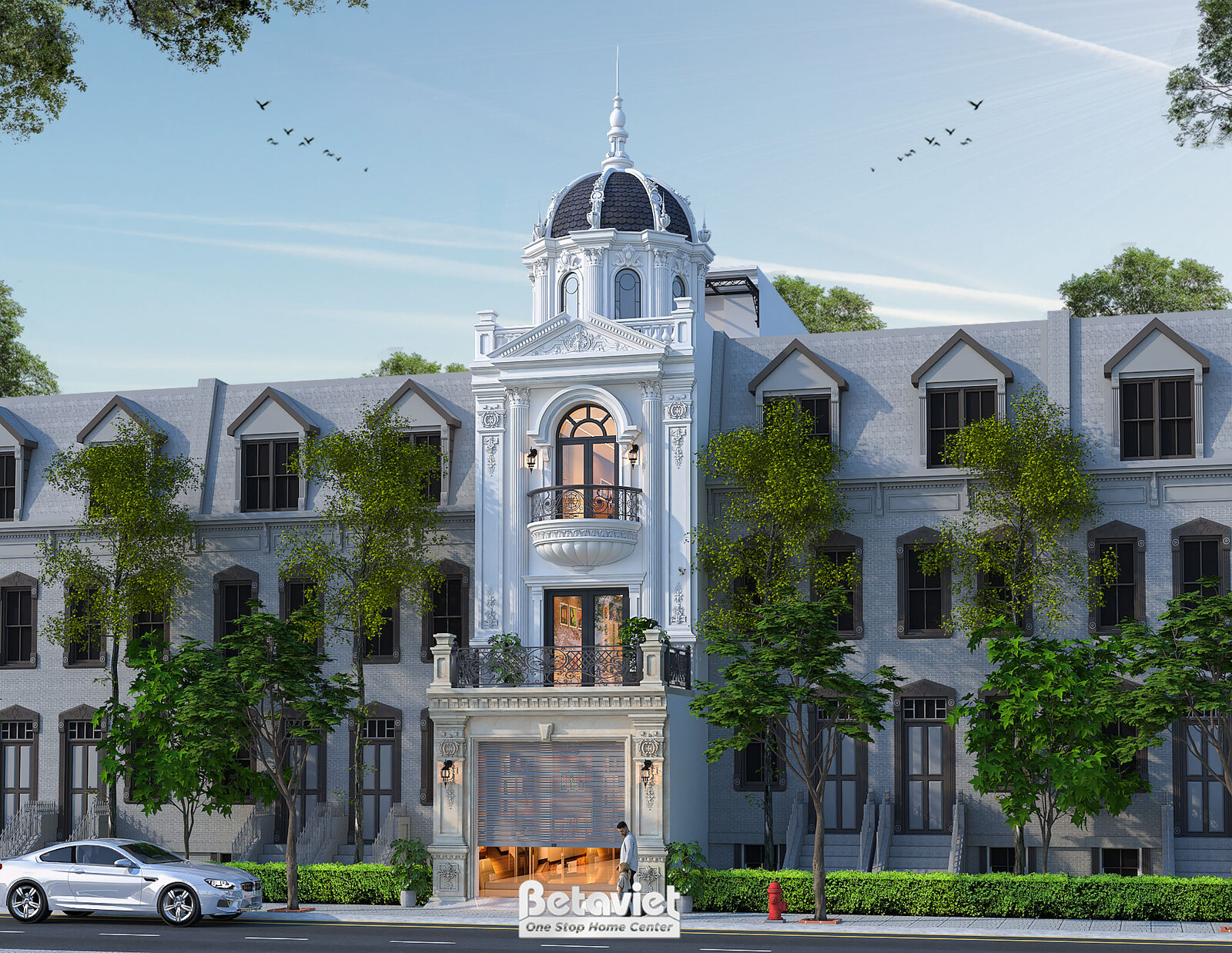 Mặt tiền biệt thự liền kề tân cổ điển với góc nhìn rộng, cho thấy sự cân đối và hài hòa trong thiết kế. Khối dome màu xanh…