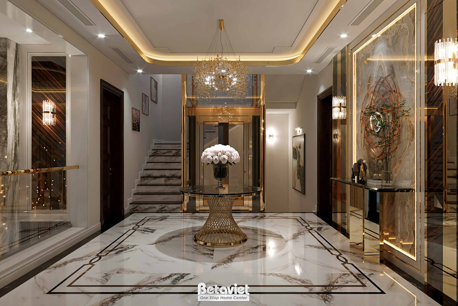 Nội thất đại sảnh biệt thự hiện đại luxury KT24010 – góc nhìn 3