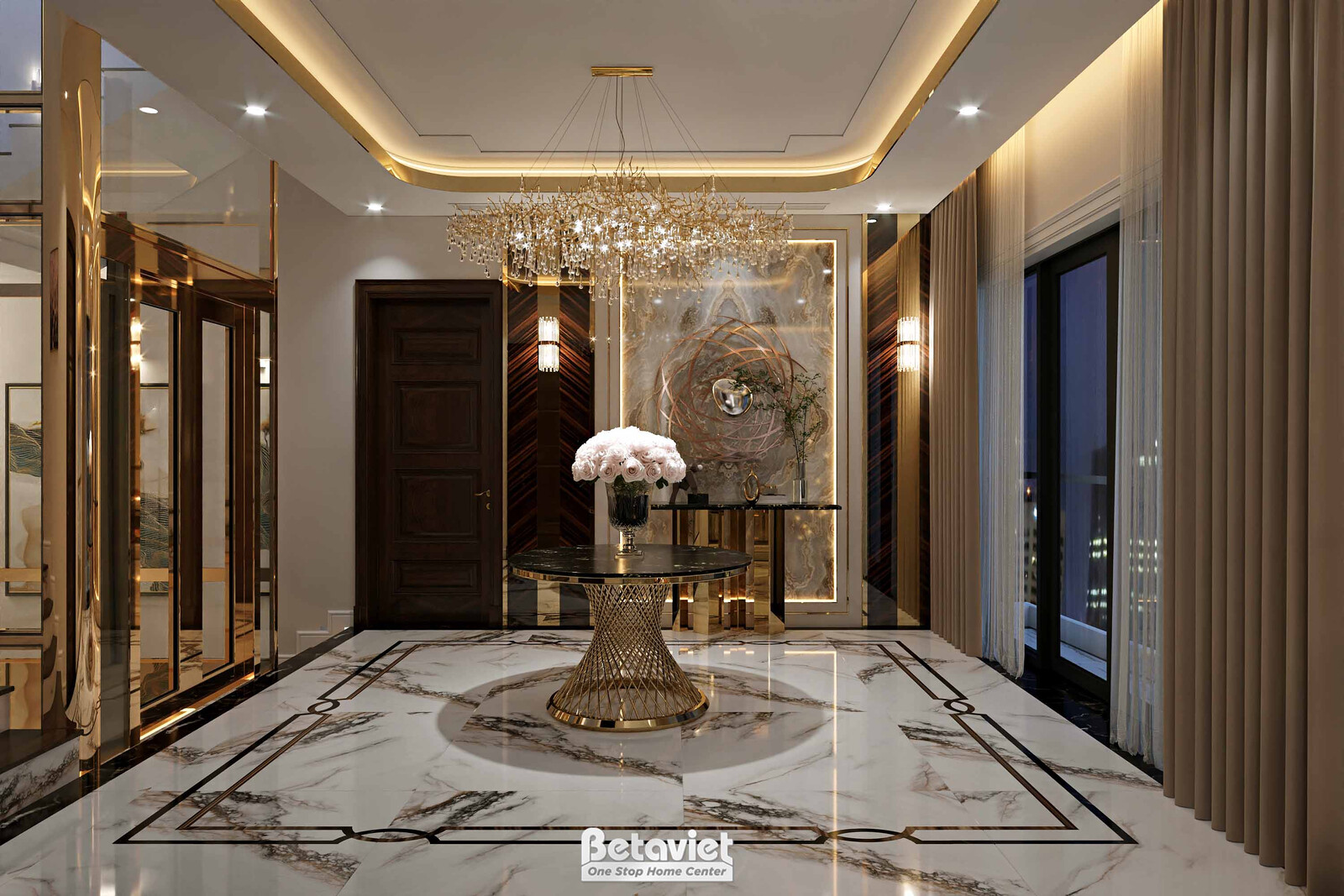 Nội thất đại sảnh biệt thự hiện đại luxury KT24010 – góc nhìn tổng thể