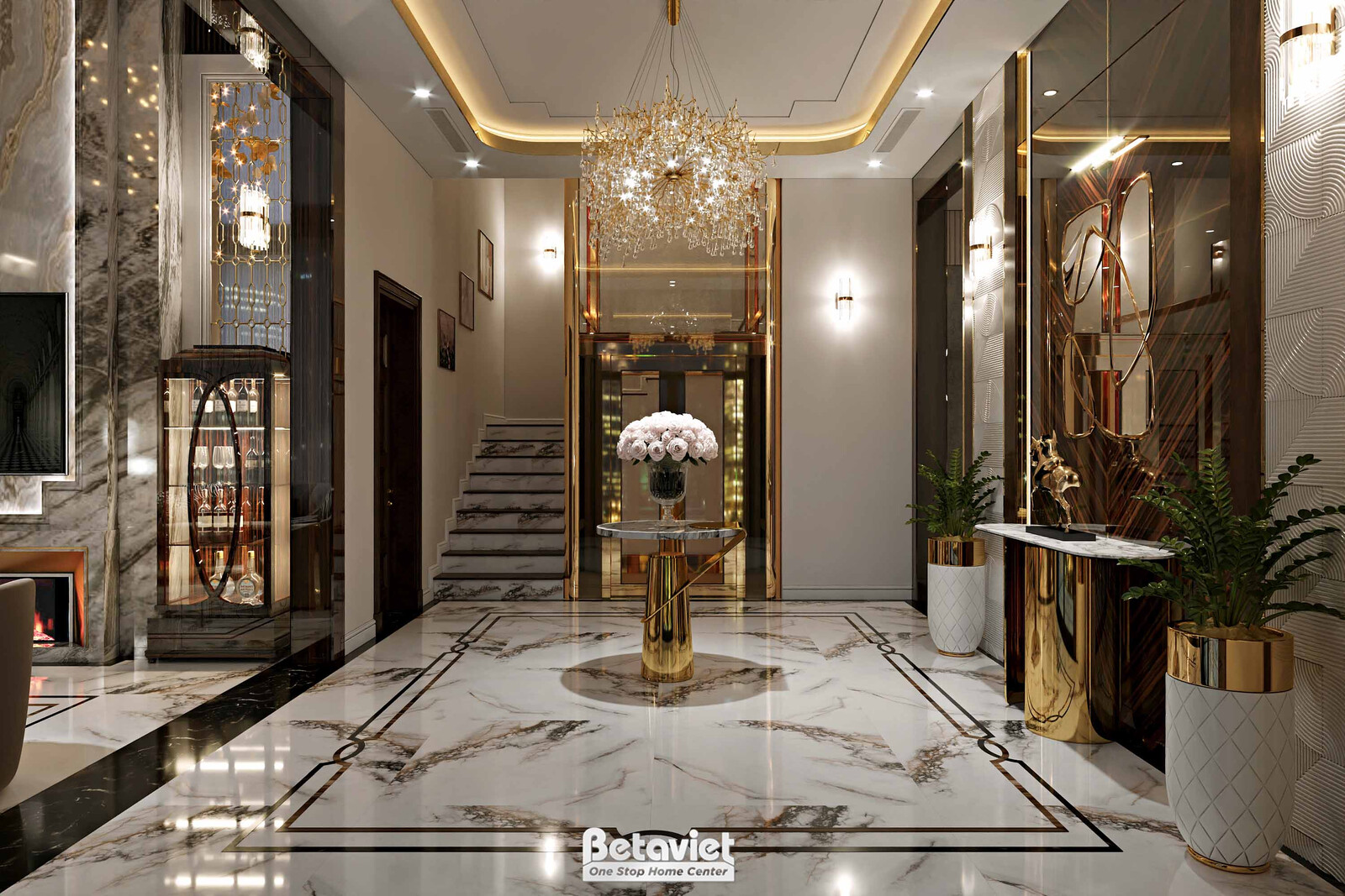 Nội thất đại sảnh biệt thự hiện đại luxury KT24010 – góc nhìn 2