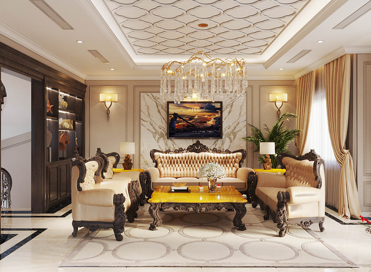 Phòng khách biệt thự tân cổ điển NT19127 tại KĐT Ecopark Hải Dương, đá trắng vân vàng sau sofa