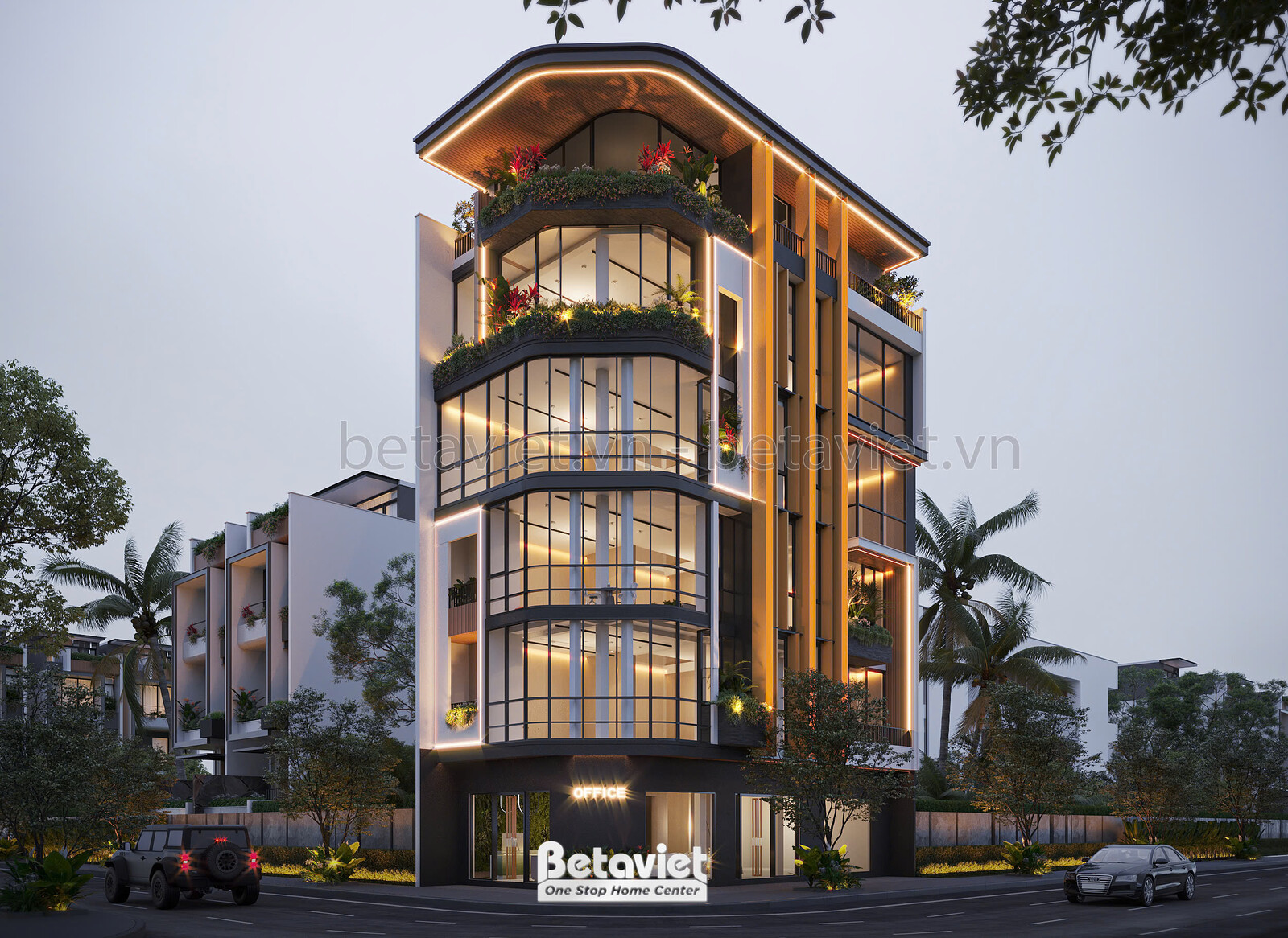 Toàn cảnh tòa nhà mặt phố hiện đại luxury nhìn từ góc thấp vào ban ngày, nổi bật với mặt tiền cong uốn lượn. Hệ thống kính…