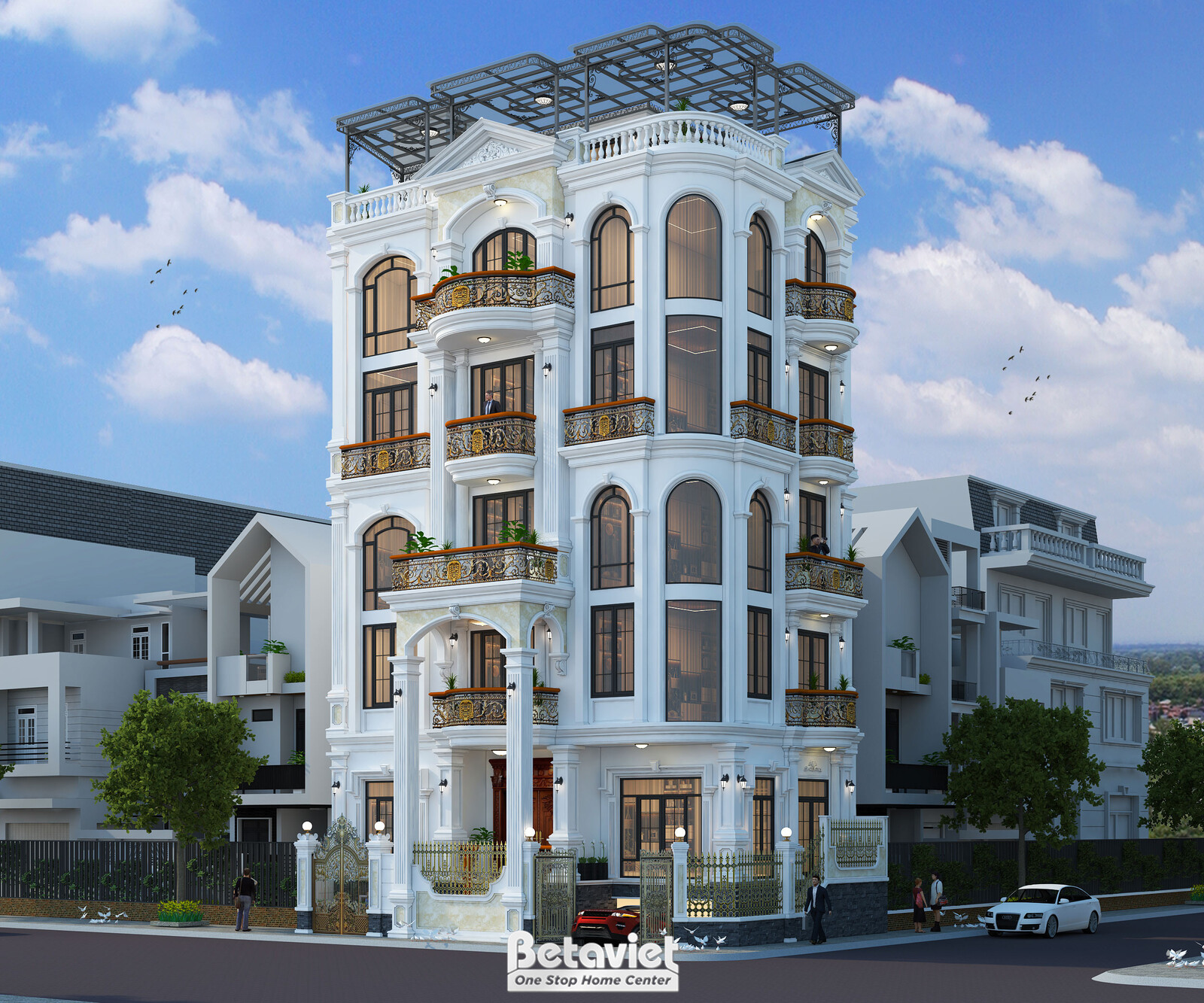 Góc nhìn tổng thể tòa nhà mặt phố tân cổ điển 7 tầng từ phía đường, thể hiện rõ kiến trúc bề thế với các khối ban công trò…