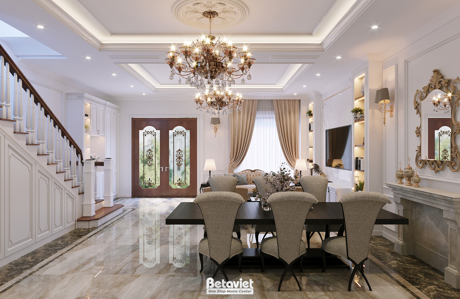 Nội thất phòng ăn biệt thự Art Deco KT22014 – góc nhìn tổng thể