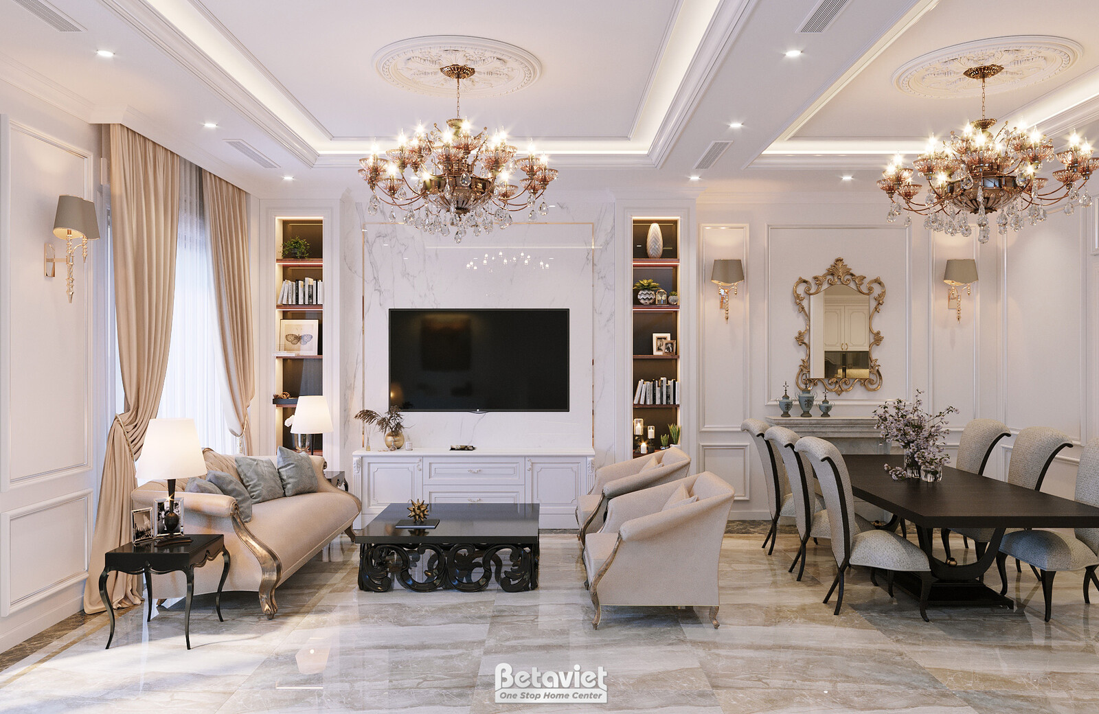 Nội thất phòng khách biệt thự Art Deco KT22014 – góc nhìn tổng thể