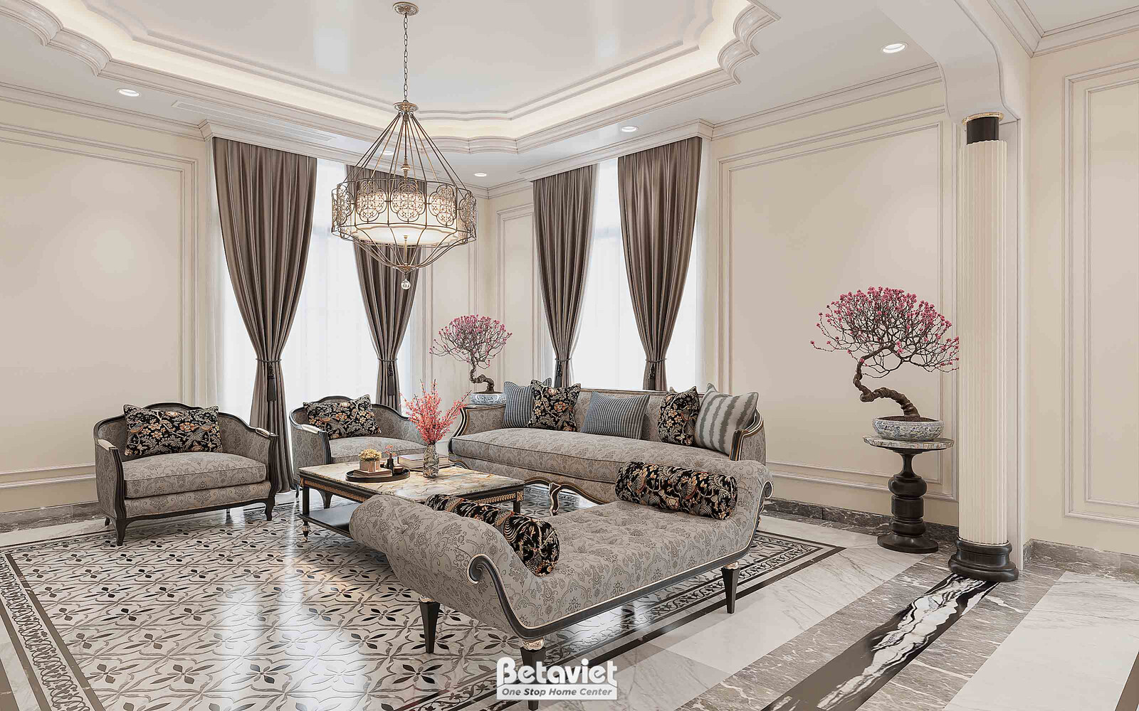Nội thất phòng khách biệt thự Indochine NT5003755 – góc nhìn 3