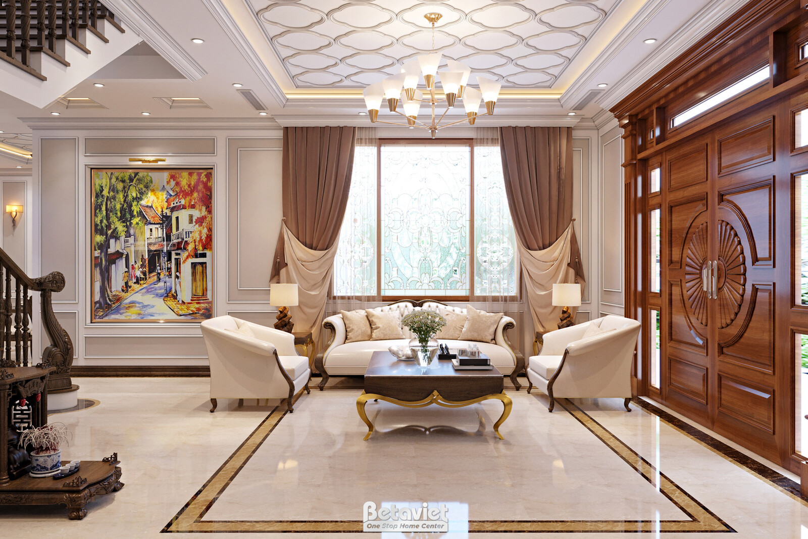 Nội thất phòng khách biệt thự Art Deco NT21163 – góc nhìn tổng thể