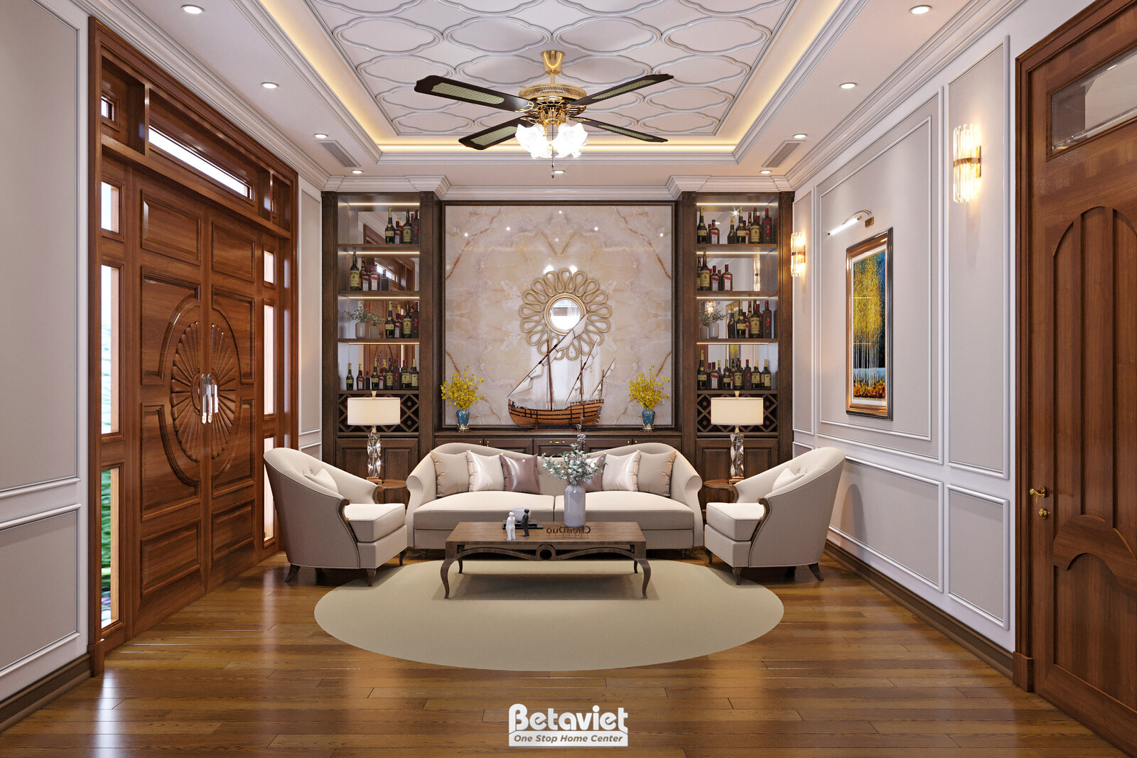 Nội thất phòng sinh hoạt chung biệt thự Art Deco NT21163 – góc nhìn tổng thể