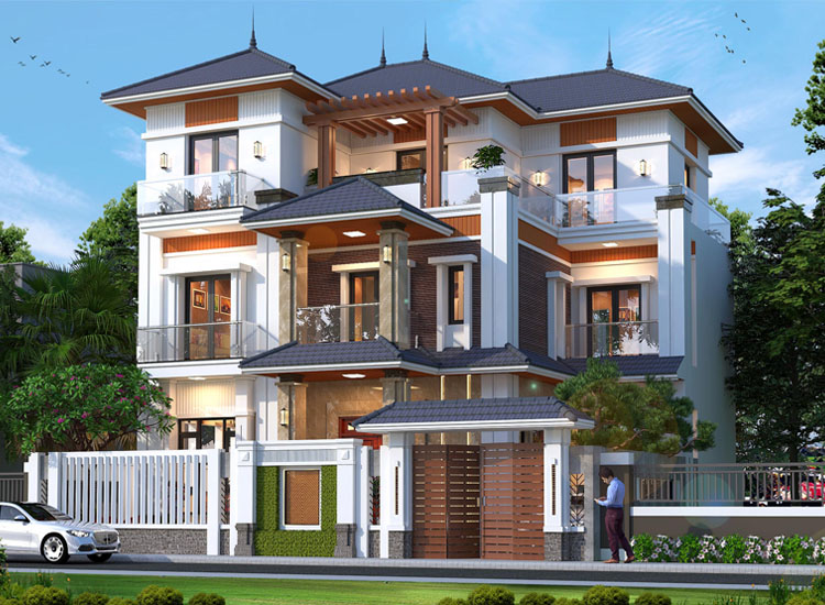 Phối cảnh biệt thự 3 tầng hiện đại mái ngói xám nhiều lớp, tường trắng phối dải ốp gỗ, mã KT22182A