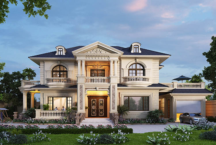 Biệt thự nhà vườn 2 tầng tân cổ điển cột Corinthian tại Hà Nội (KT24560) – phối cảnh mặt tiền hoàng hôn