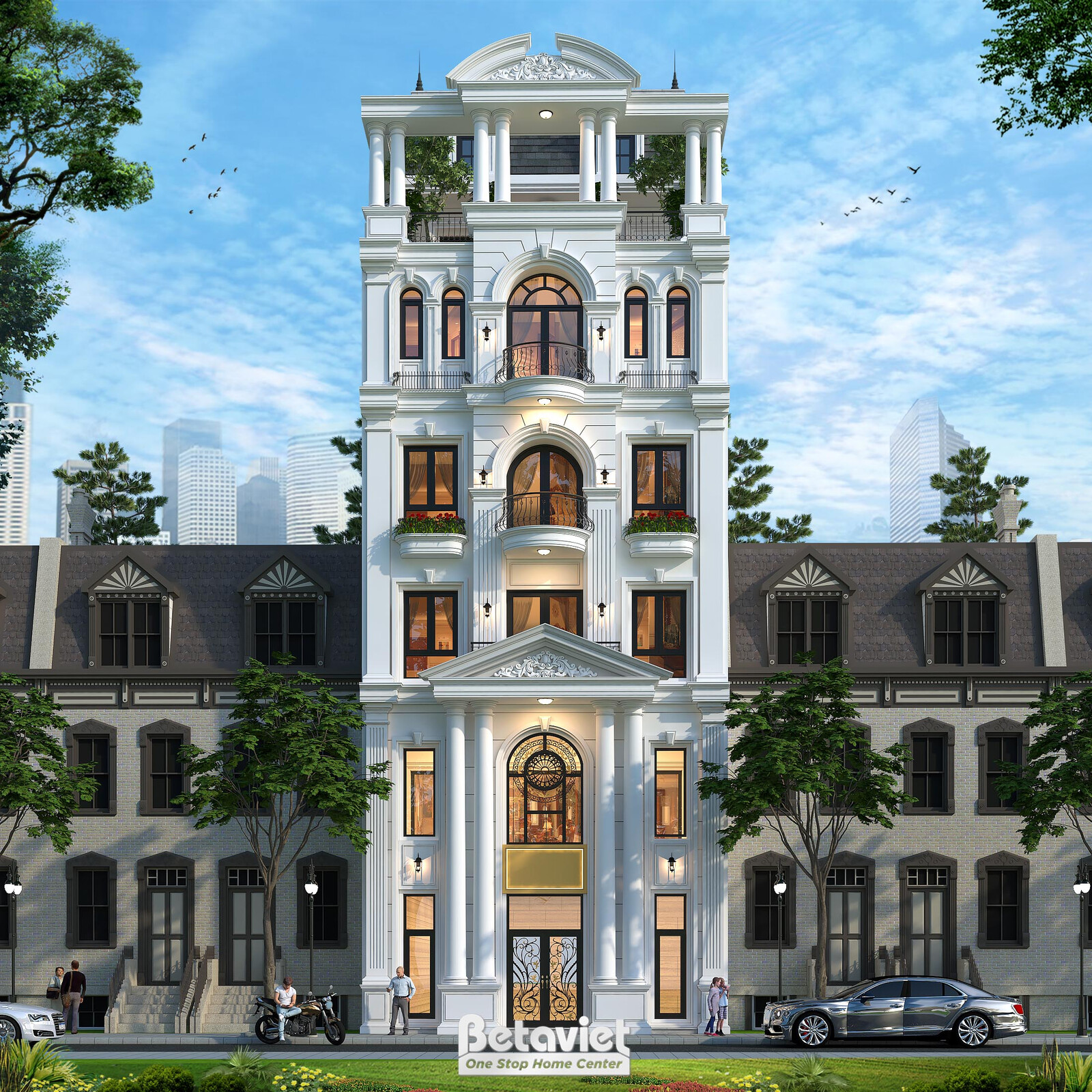 Phối cảnh mặt tiền công trình về chiều tối, đèn nội thất hắt sáng vàng ấm qua các ô cửa vòm, tầng trệt ốp cột trắng và cửa…