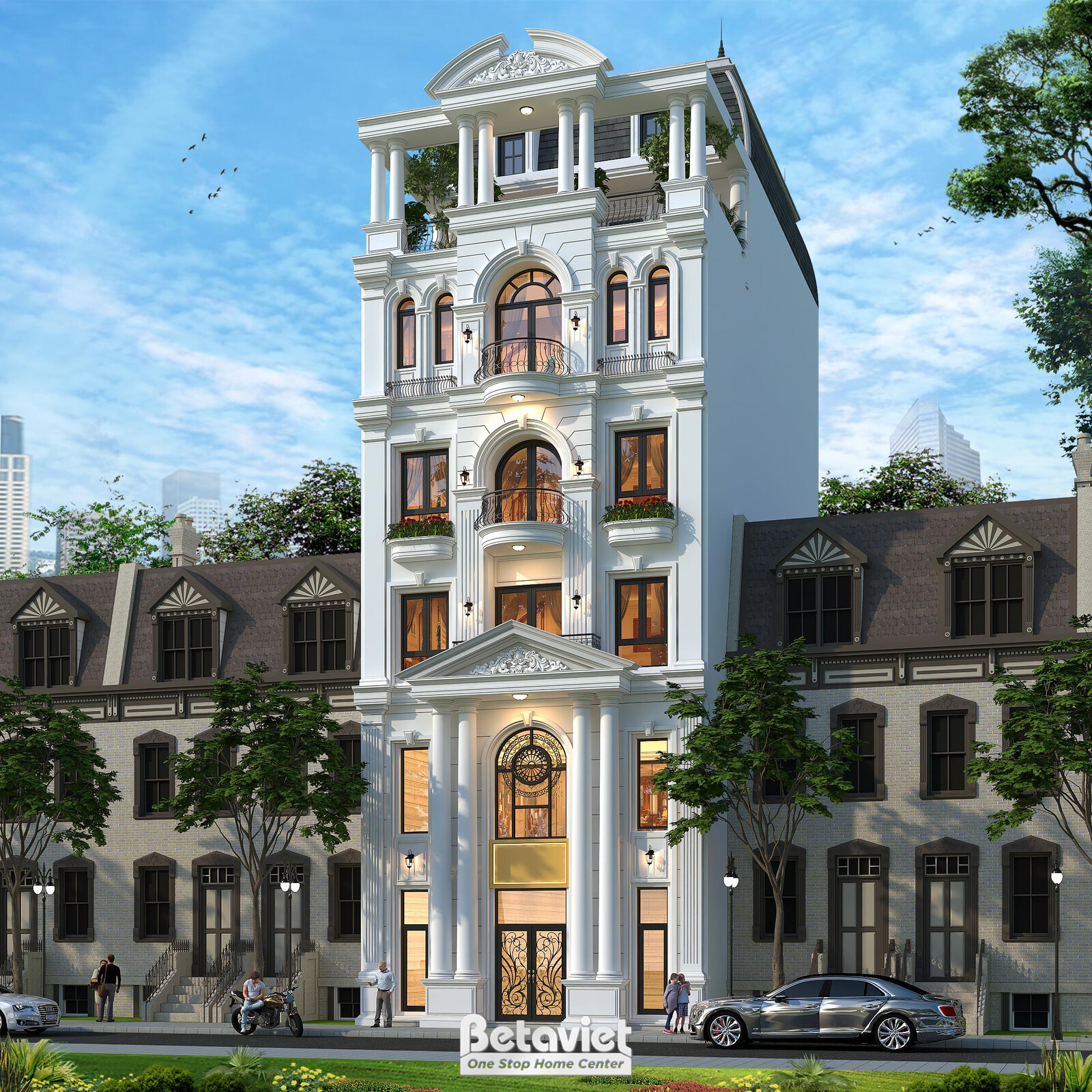 Góc nhìn mặt tiền tương tự về chiều tối với ánh đèn vàng ấm từ các cửa sổ vòm, hệ cột Ion đôn trắng nổi bật trên nền trời…