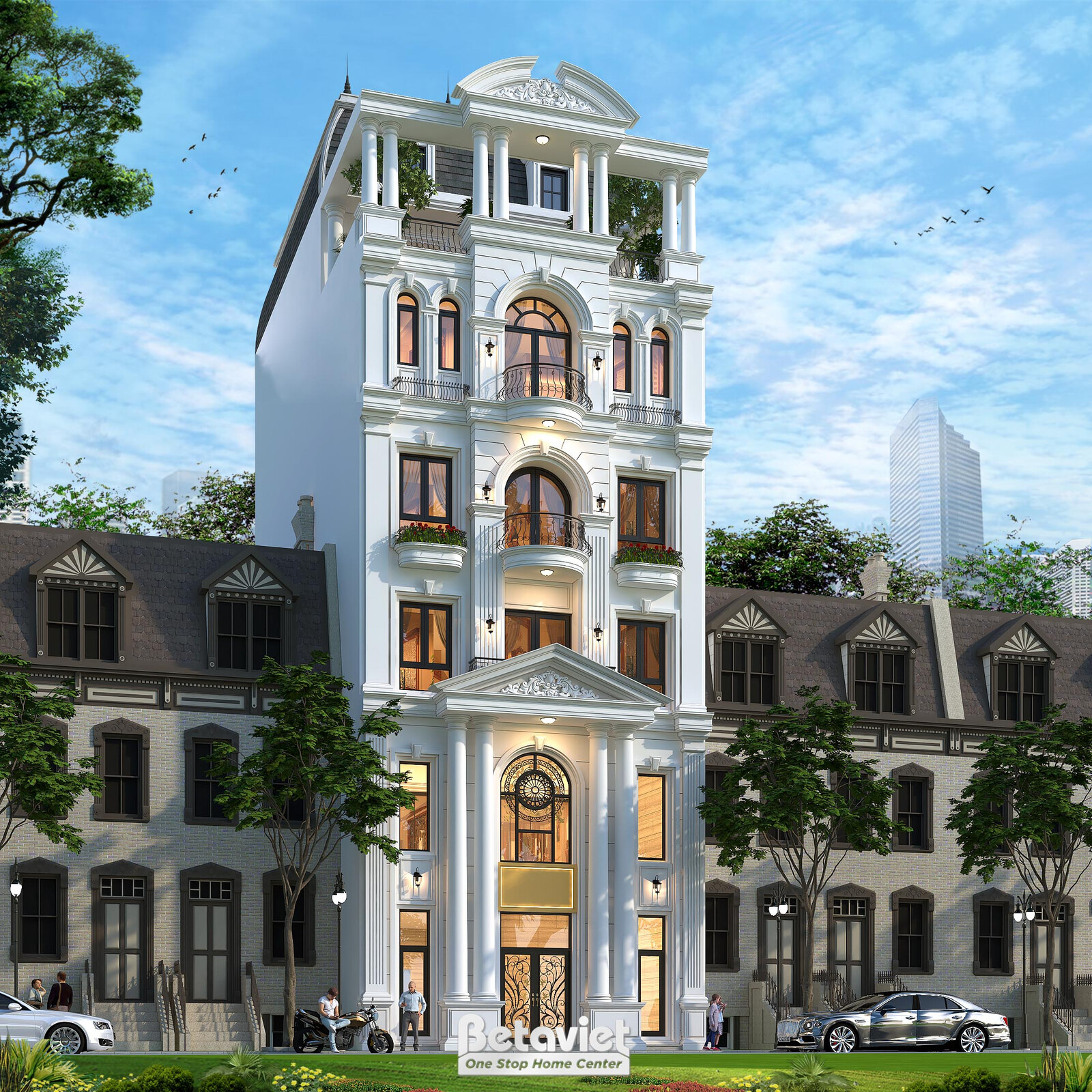 Phối cảnh chếch một góc cho thấy rõ mảng tường bên hông tòa nhà, cửa sổ vòm sáng đèn vàng, cột trụ và phào chỉ trắng nổi k…