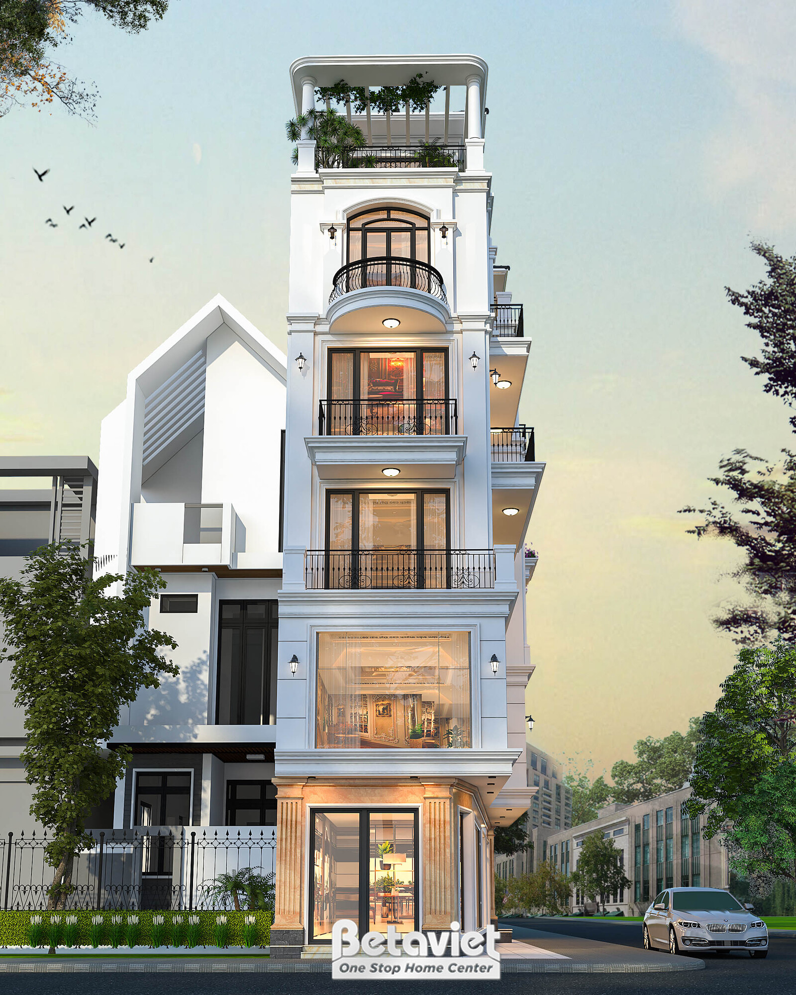 Mặt tiền chính diện biệt thự liền kề, tập trung vào chiều cao và sự đối xứng của kiến trúc tân cổ điển. Tầng trệt với cửa…