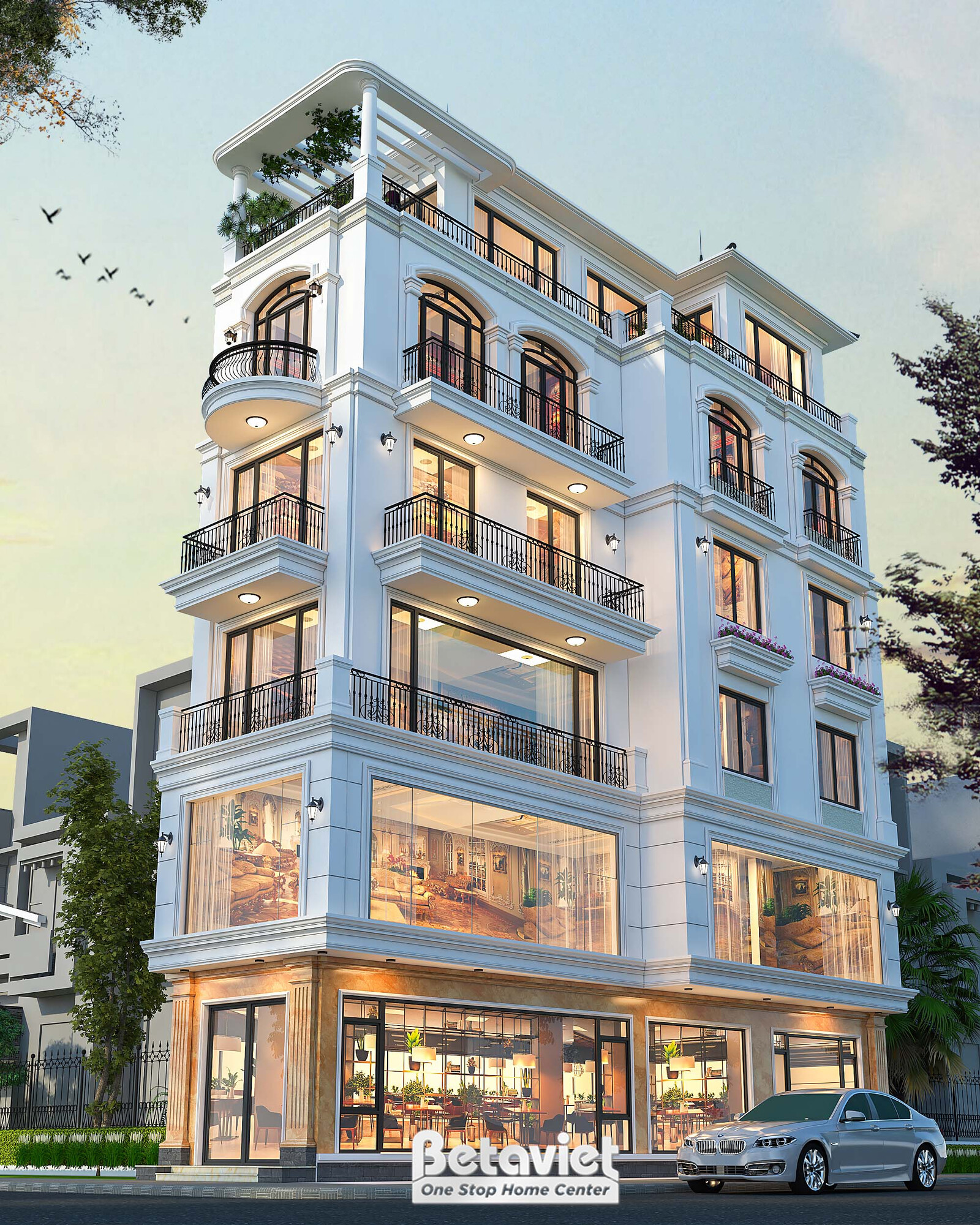 Phối cảnh tổng thể biệt thự liền kề từ góc nhìn rộng, thể hiện sự bề thế và cân đối của công trình. Mặt tiền màu trắng chủ…