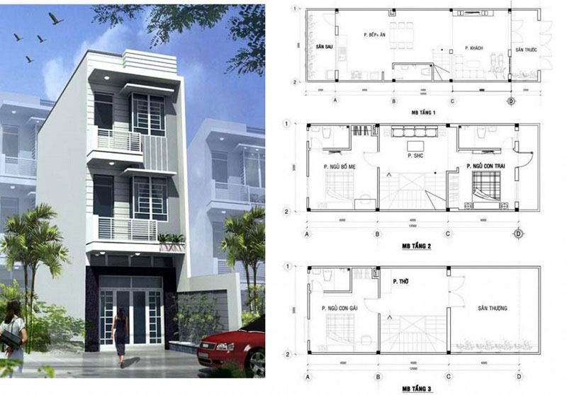 Thiết kế nhà ống 3 tầng 3 phòng ngủ đẹp, hiện đại