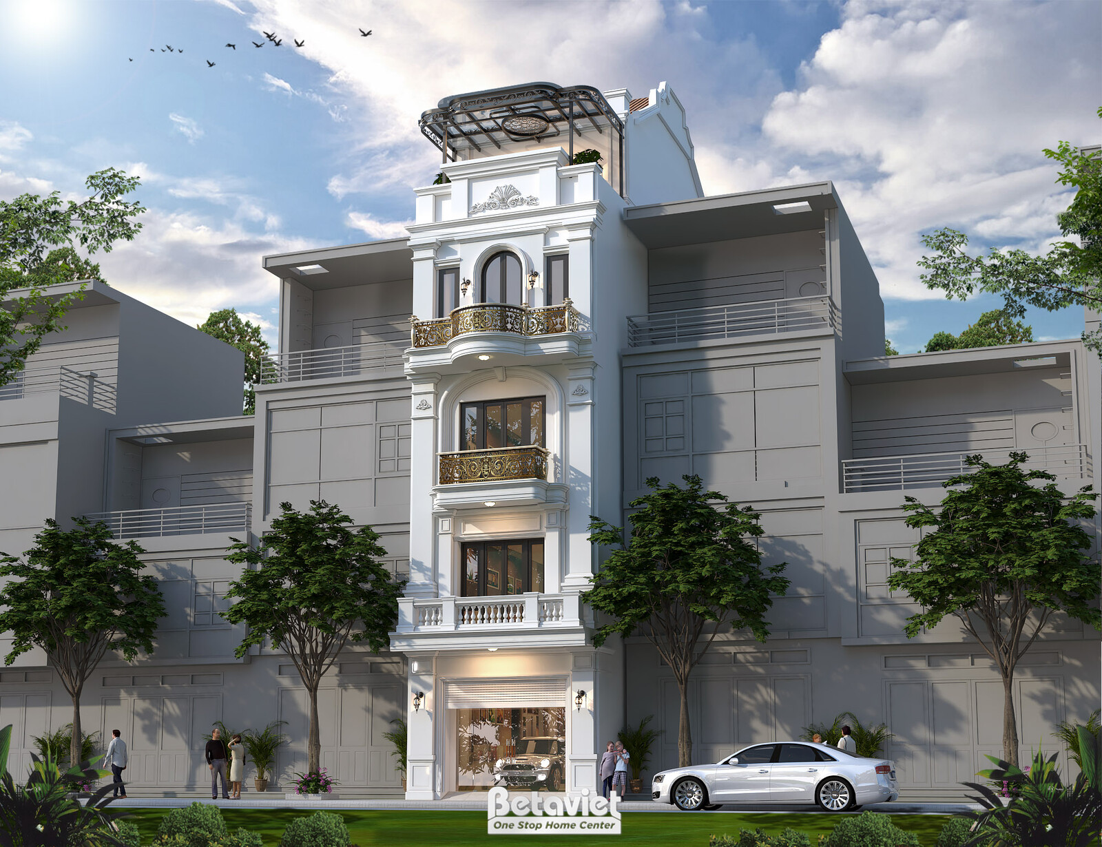 Góc nhìn chính diện hơi lệch phải làm rõ chiều sâu khối nhà trên 5 tầng, cột trụ trắng theo tỷ lệ kiến trúc Hy Lạp cổ điển…