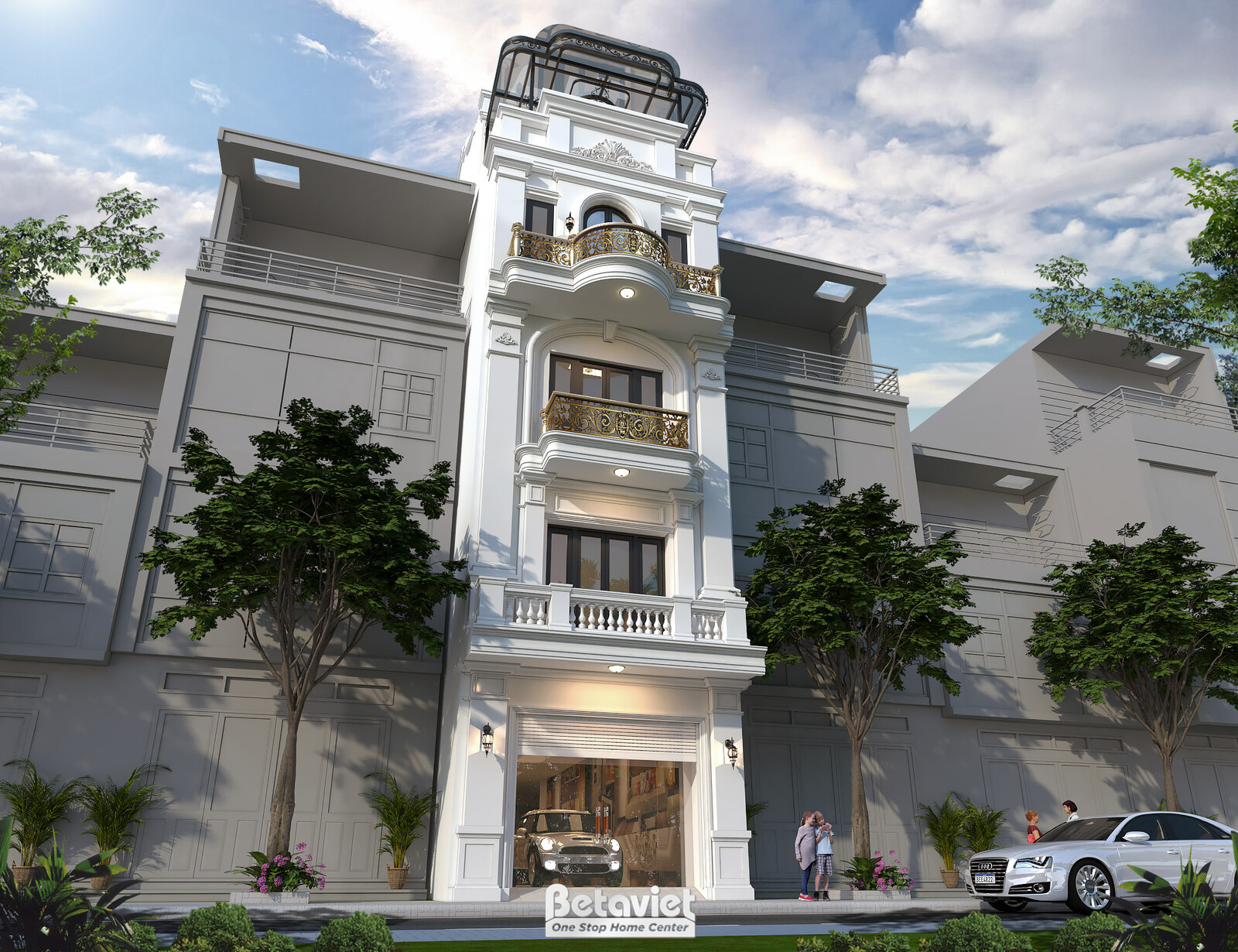 Góc chụp xiên trái phối cảnh mặt tiền, nhấn hệ cột trụ và ban công các tầng trên, tường trắng xen xám, ánh nắng tạo bóng đ…