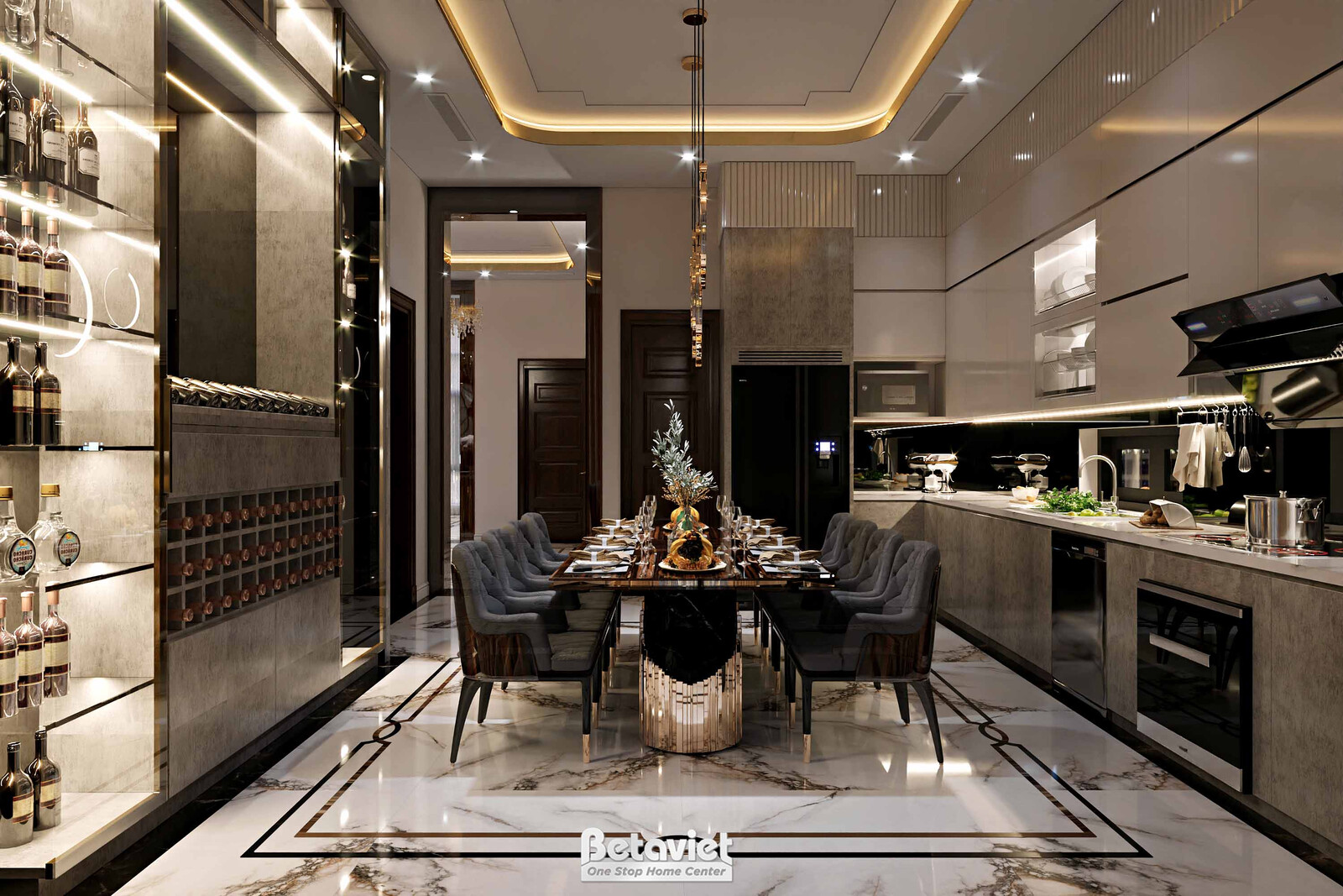 Nội thất phòng ăn biệt thự hiện đại luxury KT24010 – góc nhìn tổng thể