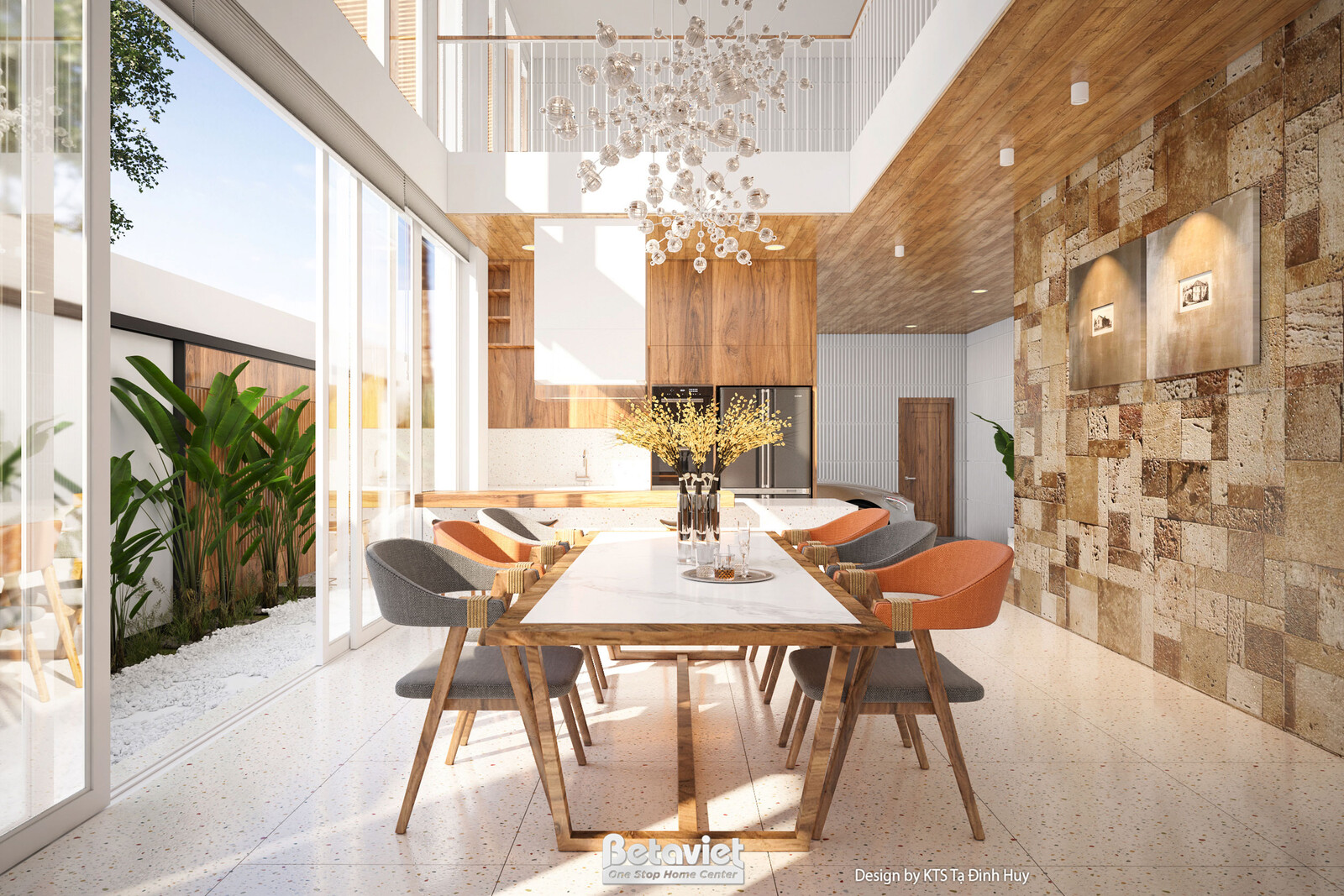 Phòng ăn hiện đại với bộ bàn ăn gỗ tự nhiên và ghế bọc nệm màu xám, đặt trên nền sàn terrazzo. Tường ốp đá tự nhiên với nh…