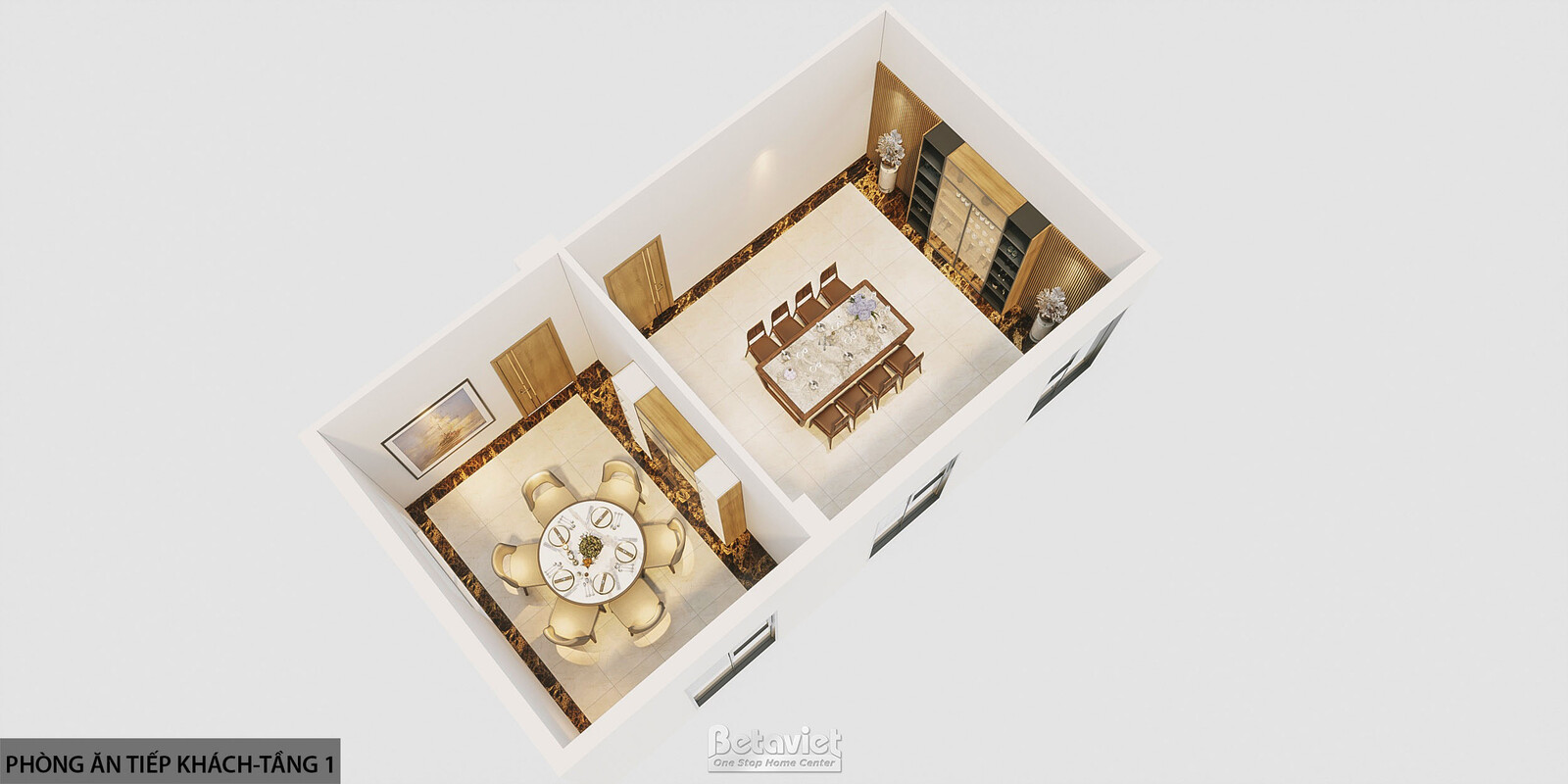 Bản vẽ phối cảnh 3D góc nhìn từ trên xuống khu phòng ăn tiếp khách tầng 1, thể hiện bố cục liền kề giữa phòng 6 ghế tròn v…