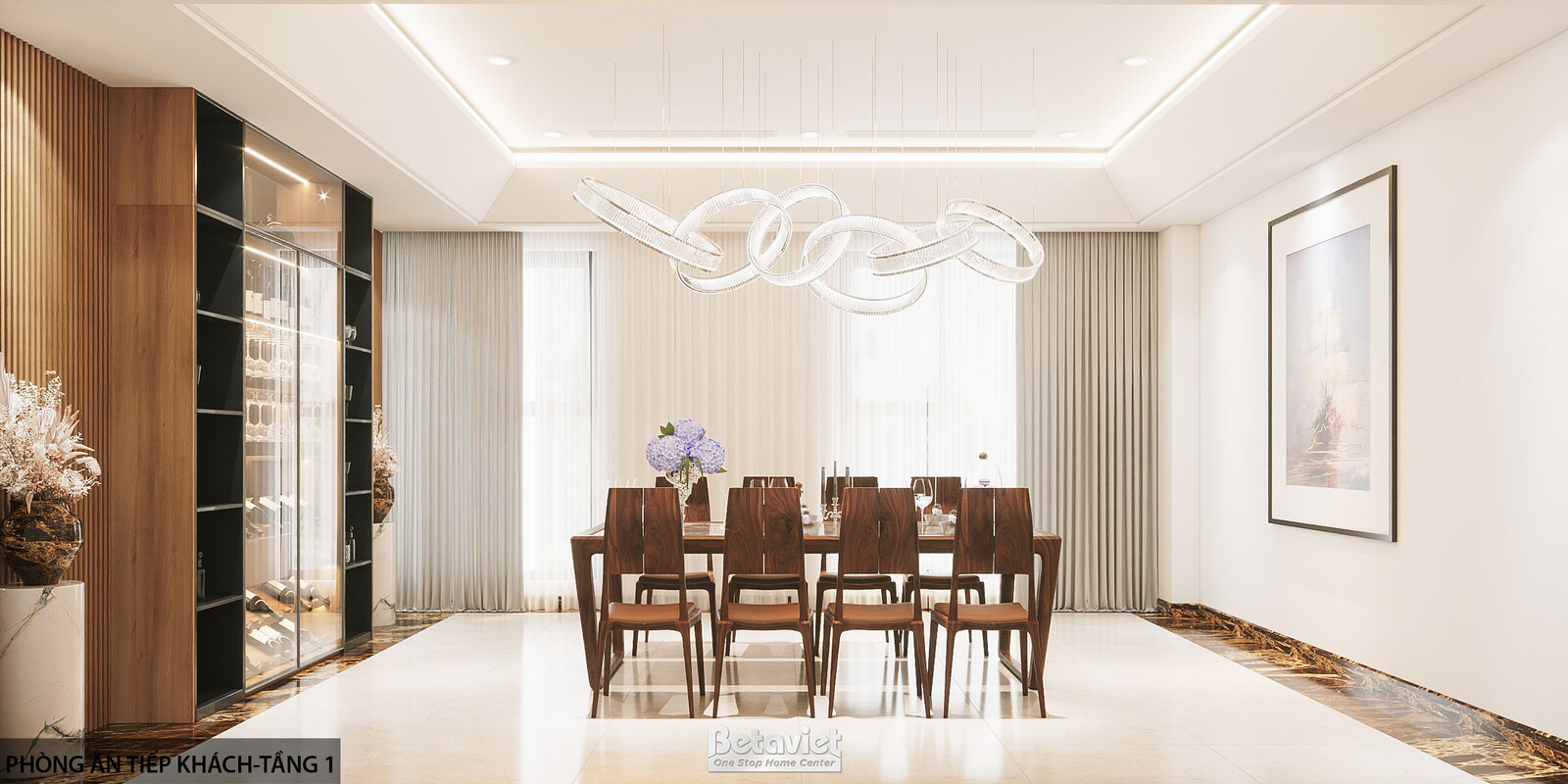 Phòng ăn tiếp khách 6 ghế tròn, view hướng cửa kính lớn đón sáng tự nhiên. Bàn tròn cùng ghế nệm nâu, đèn thả vòng xoắn ki…