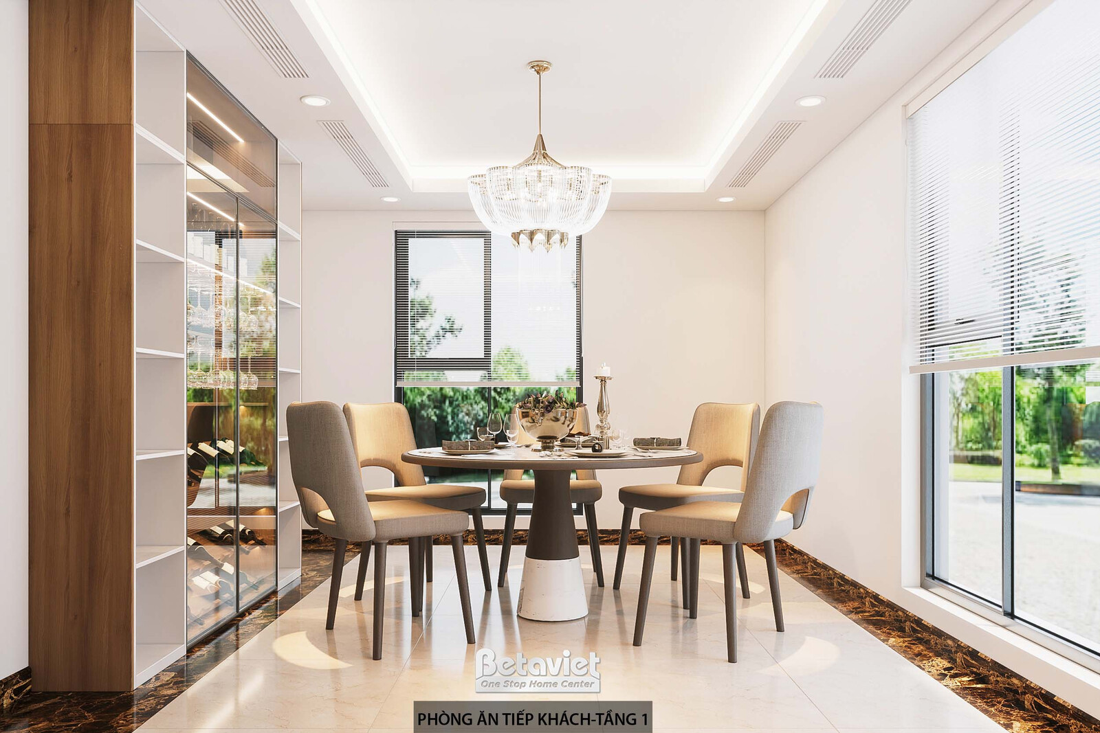 Phòng ăn tiếp khách 6 ghế tròn, view từ tủ kệ sang bàn ăn và vách kính lớn. Bàn tròn mặt đá chân gỗ, ghế nệm xám be, tủ kí…