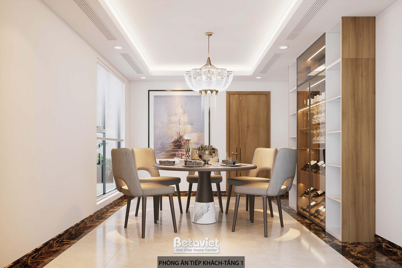 Phòng ăn tiếp khách 6 ghế tròn, view chéo từ cửa vào bàn ăn, thấy tranh thuyền treo tường và tủ kính rượu ốp đá đen bên ph…