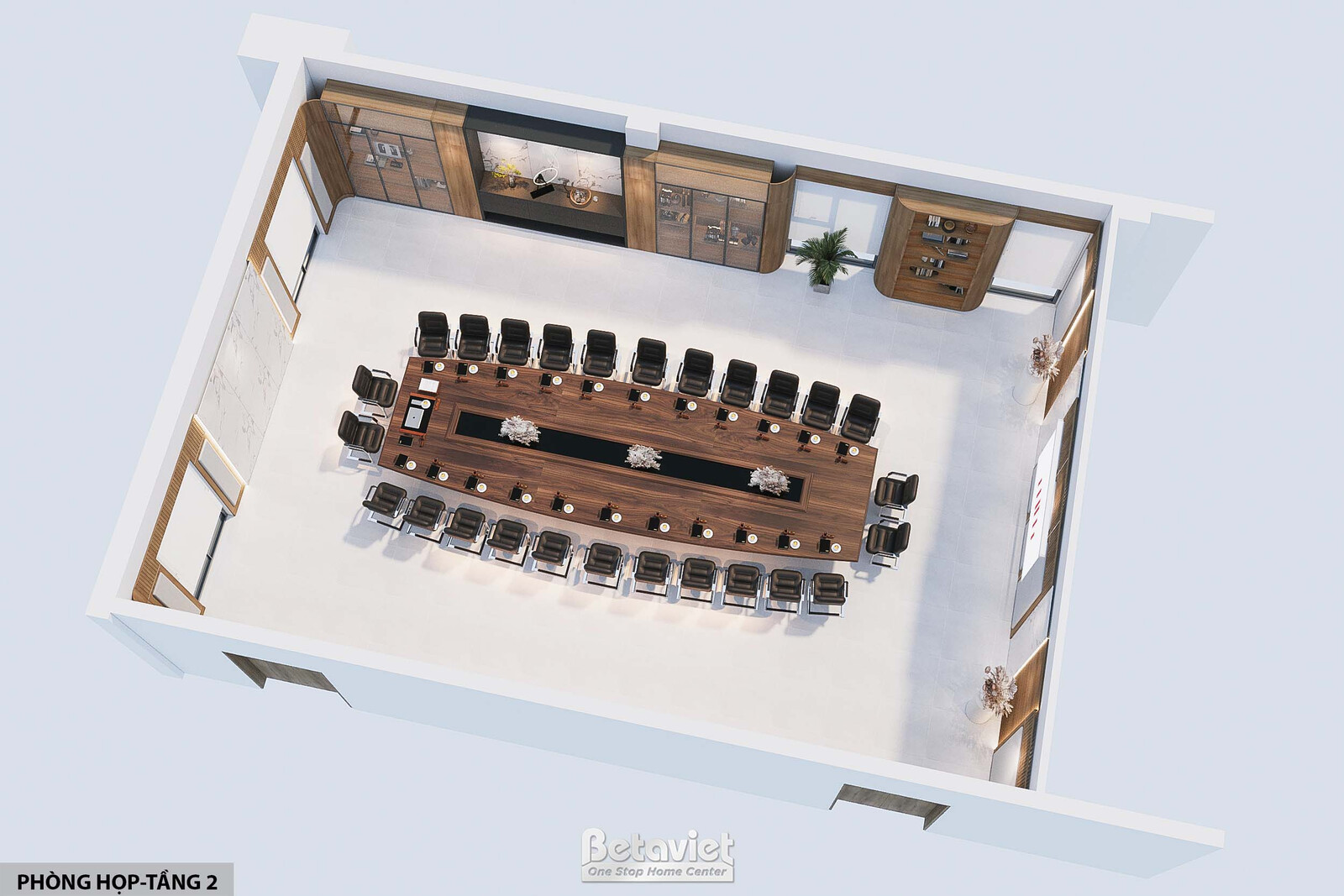 Phối cảnh 3D nhìn từ trên xuống phòng họp tầng 2, bàn oval dài bố trí ghế hai bên đối xứng, màn hình trình chiếu và tủ kệ…