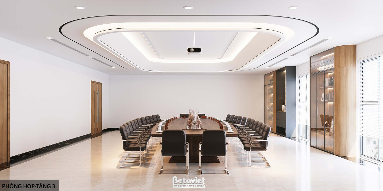 Phòng họp tầng 3 góc nhìn khác, trần oval đèn led đồng bộ, tủ gỗ ốp kính trưng bày đồ trang trí bên phải, bàn họp gỗ dài g…