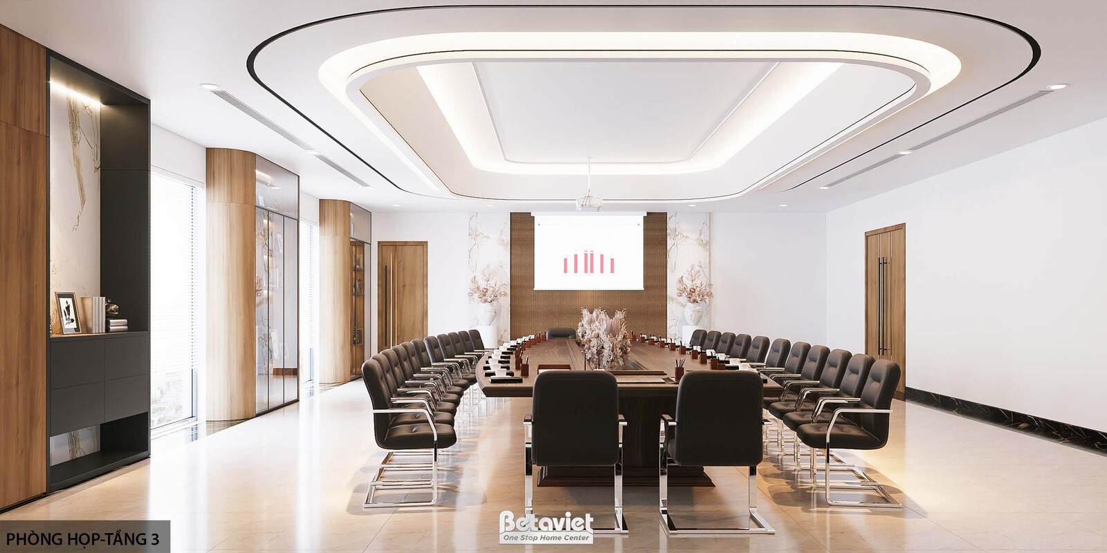 Phòng họp tầng 3 nhìn tổng thể, trần giật cấp oval đèn âm tạo chiều sâu, màn hình trình chiếu biểu đồ, bàn gỗ dài cùng ghế…