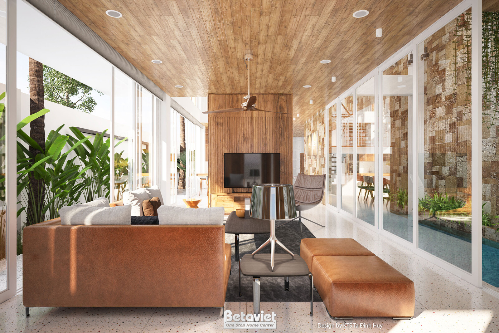 Phòng khách sang trọng với bộ sofa da màu nâu ấm áp, bàn trà gỗ và thảm trải sàn họa tiết. Trần nhà ốp gỗ tự nhiên chạy dọ…