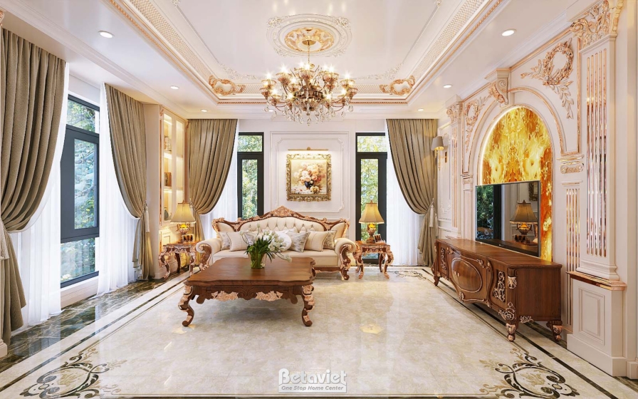 Nội thất phòng khách biệt thự tân cổ điển KT19024 – góc nhìn 3