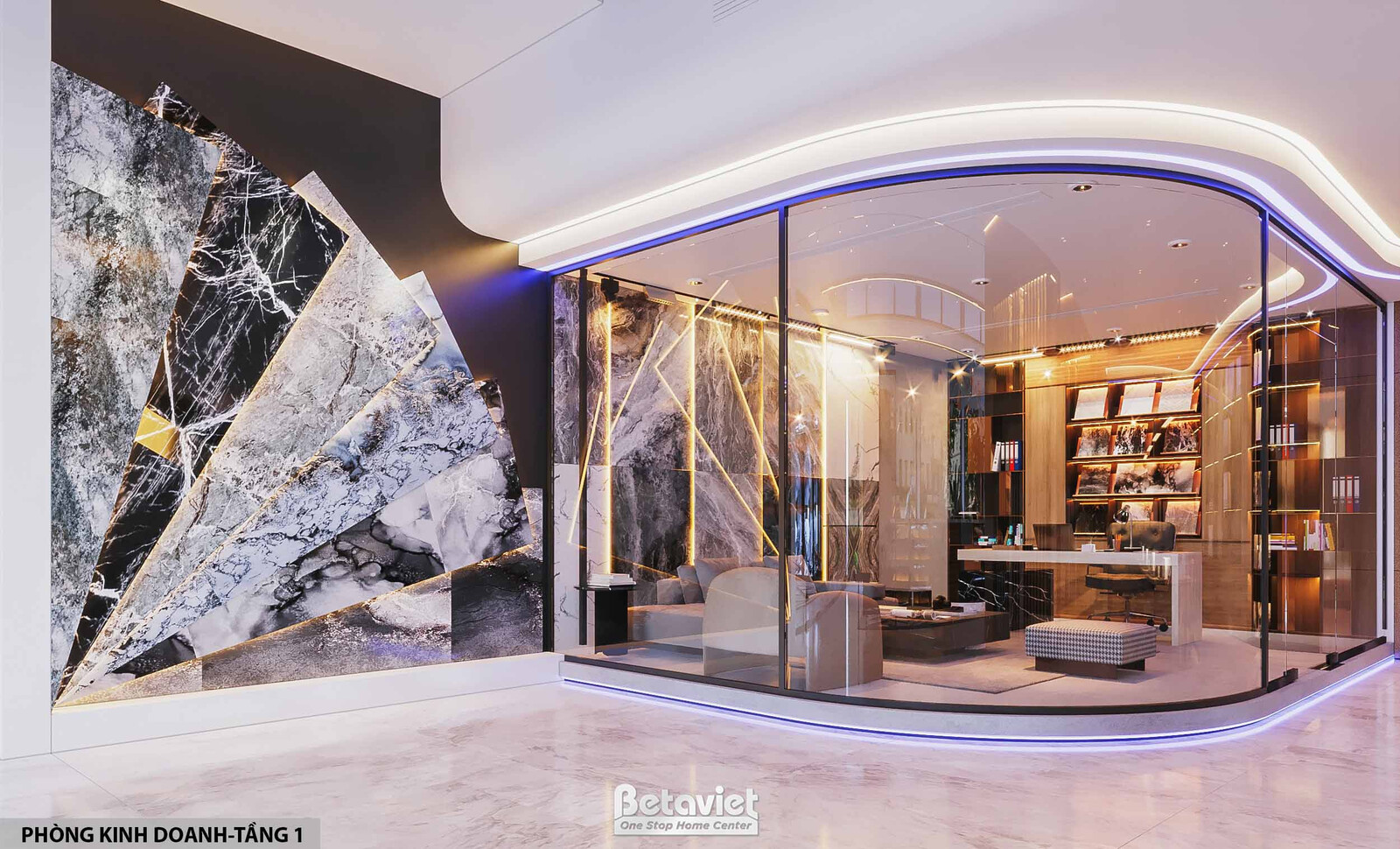 Điểm nhấn vách đá marble đen-trắng cắt hình tam giác lớn ốp trọn vách, phòng họp nhỏ vách kính phía sau, sofa tiếp khách…