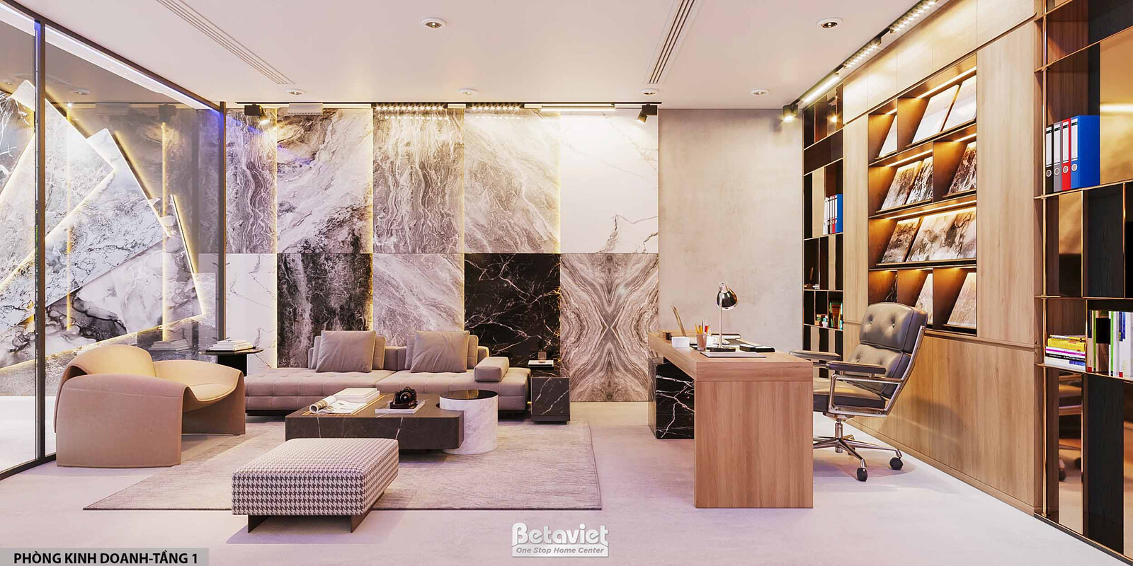Khu kinh doanh với vách đá marble ốp lớn nhiều tông màu tự nhiên làm phông nền, khu tiếp khách sofa da nâu bố trí phía trư…