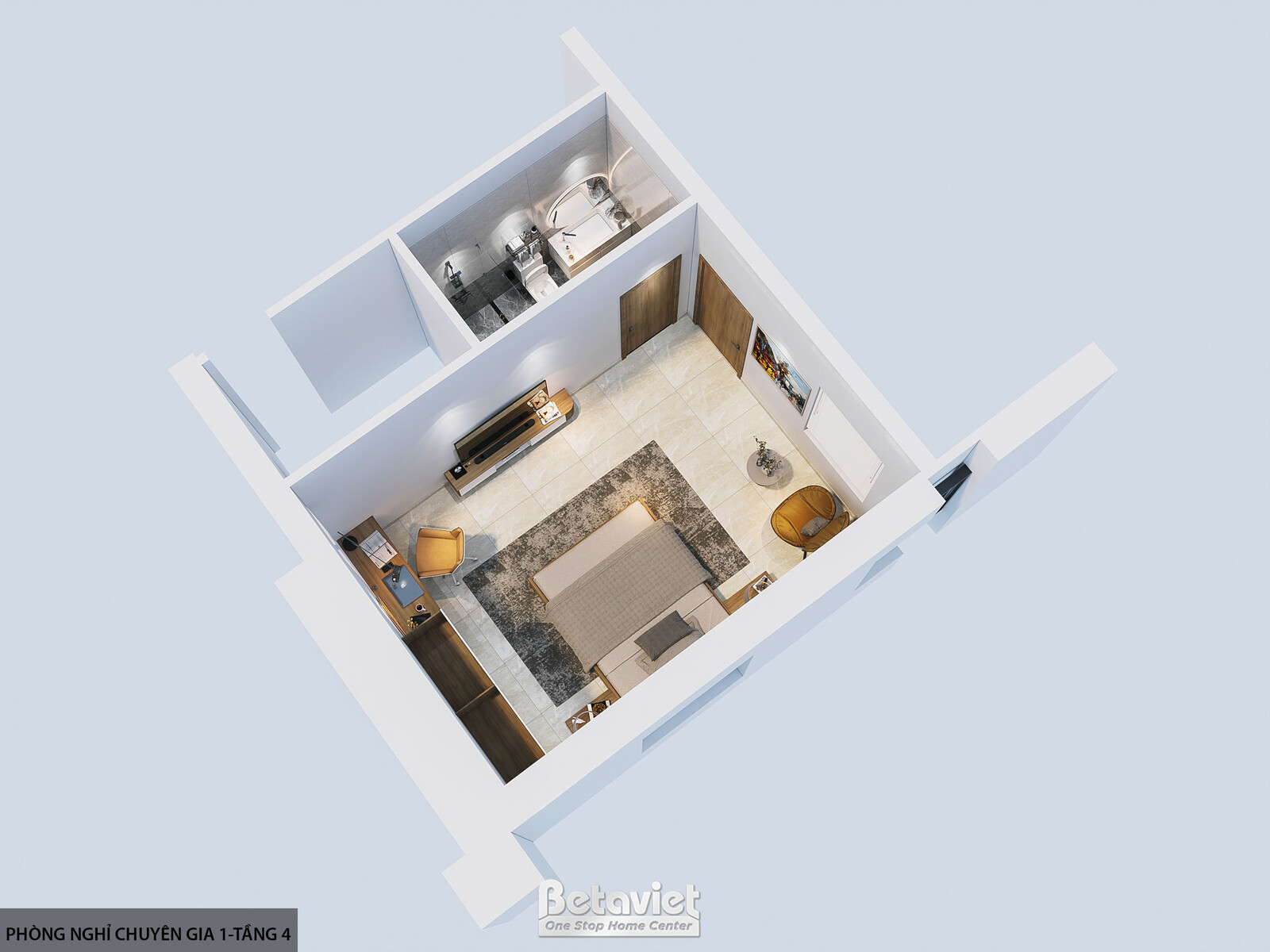 Phối cảnh 3D phòng nghỉ chuyên gia 1-tầng 4, giường lớn đặt giữa trên thảm hoạ tiết, ghế bành bọc vải vàng mù tạt và bàn t…