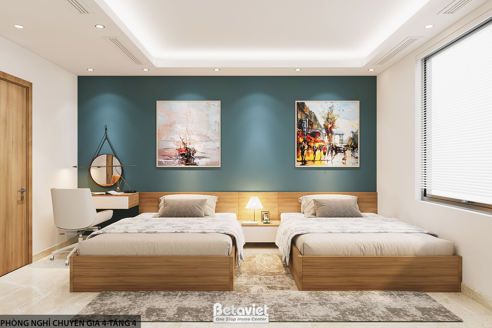 Phòng nghỉ chuyên gia với hai giường đơn gỗ, vách đầu giường sơn kem nhạt, tranh đôi treo tường, bàn trang điểm và gương t…