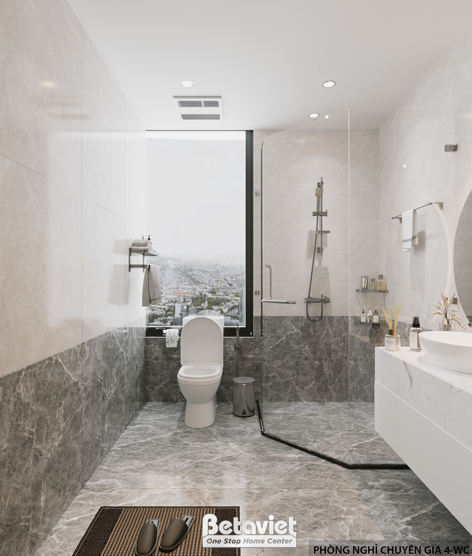 Phòng vệ sinh 4-WC nhìn dọc chiều dài phòng, cửa sổ kính lớn cuối phòng đón view thành phố, bồn cầu đặt giữa, khu tắm đứng…