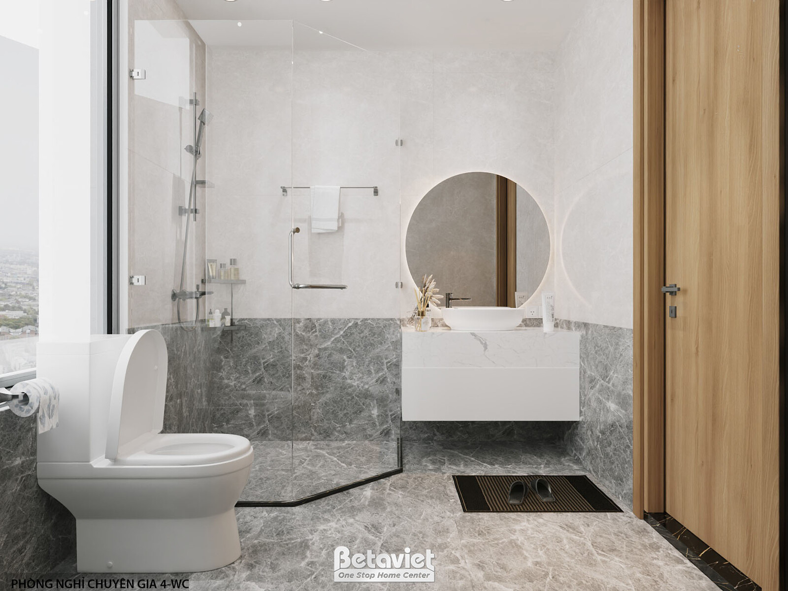 Phòng vệ sinh 4-WC nhìn từ cửa vào, bồn cầu tiền cảnh bên trái, vách kính tắm đứng ốp đá xám đậm, tủ lavabo mặt đá trắng c…