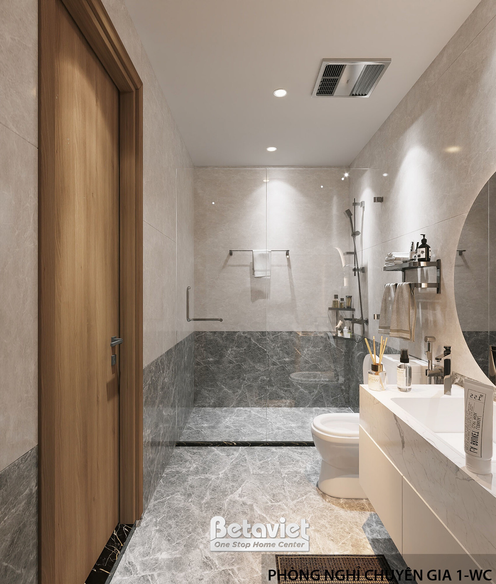 Phòng vệ sinh 1-WC nhìn từ lối vào, cửa gỗ tự nhiên bên trái, khu tắm đứng kính cường lực phía trong ốp đá be phía trên -…
