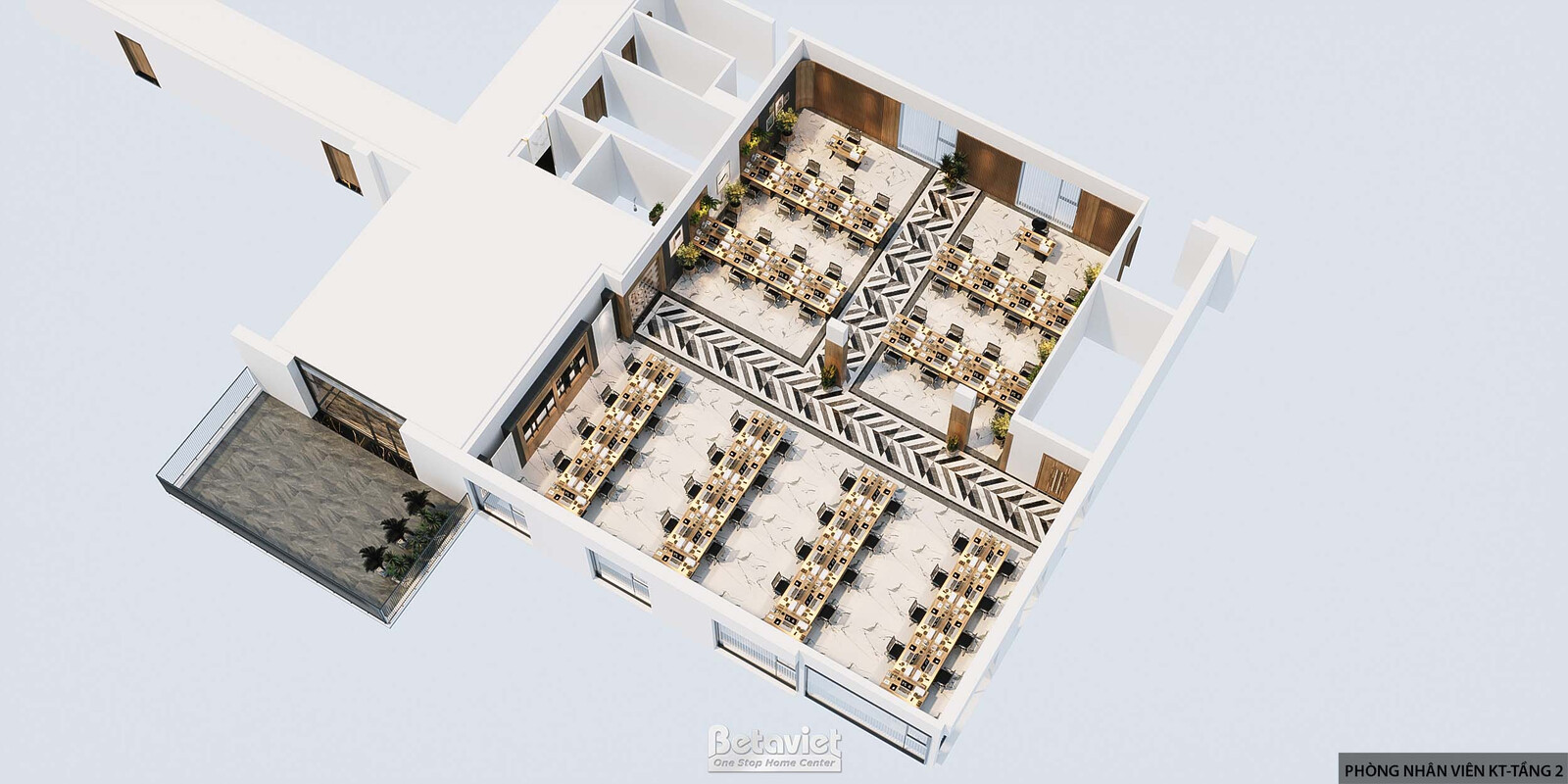 Phối cảnh mặt bằng tổng thể phòng nhân viên kỹ thuật dạng 3D nhìn từ trên xuống, thể hiện bố trí các cụm bàn làm việc theo…