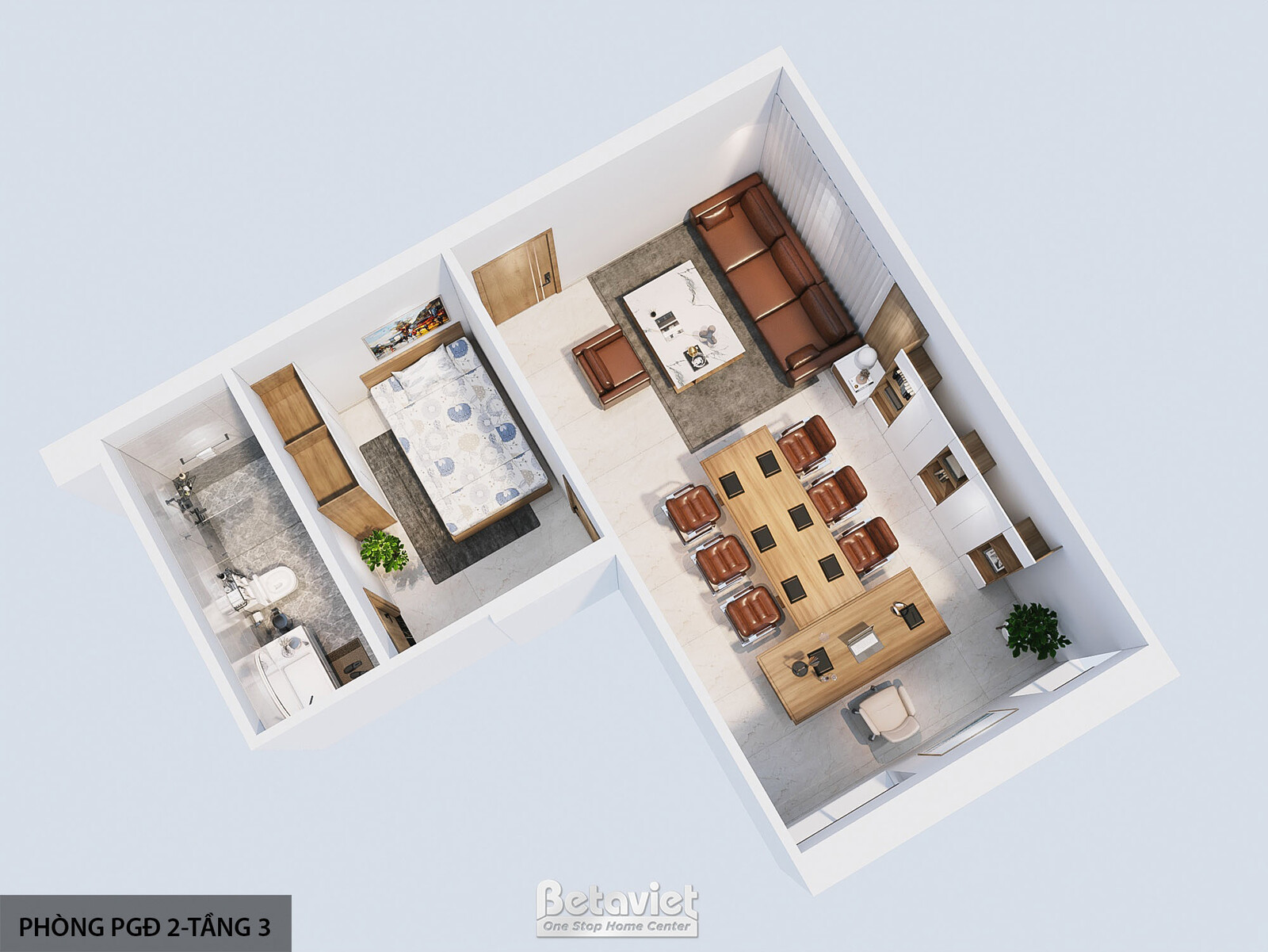 Toàn cảnh mặt bằng 3D một căn phòng phó giám đốc nhìn từ trên xuống, thể hiện bố cục phòng ngủ, phòng vệ sinh và khu làm v…