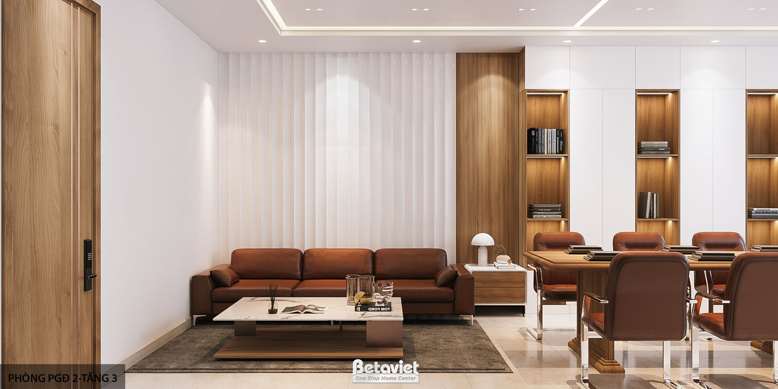 Khu tiếp khách phòng phó giám đốc với sofa da nâu cam đặt đối diện vách ngăn gỗ chạm khắc phân vùng khu làm việc phía sau…