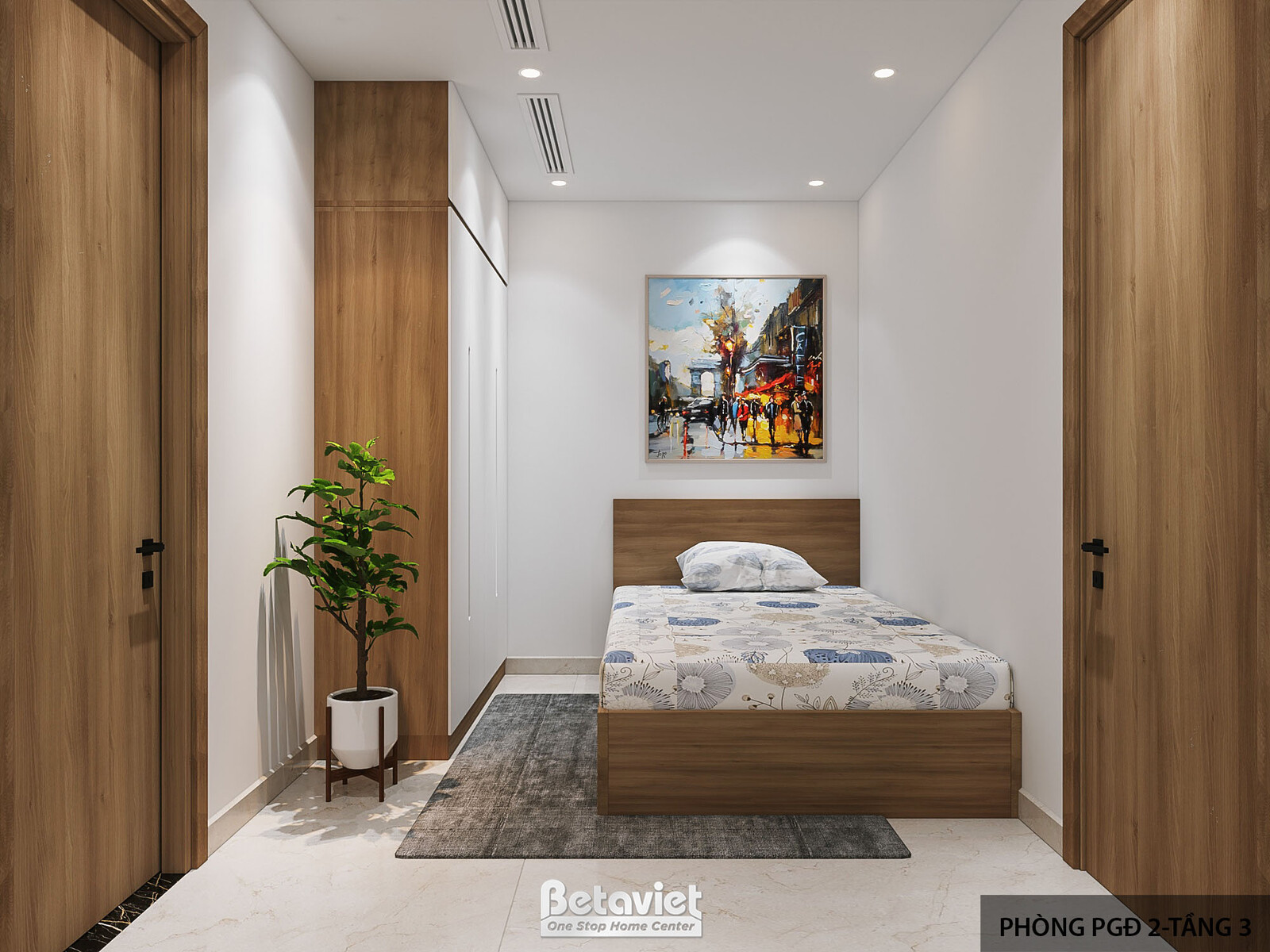 Phòng nghỉ phó giám đốc với giường đơn gỗ nâu, tranh phố cổ treo đầu giường, cửa gỗ hai bên dẫn sang khu vực khác, cây xan…