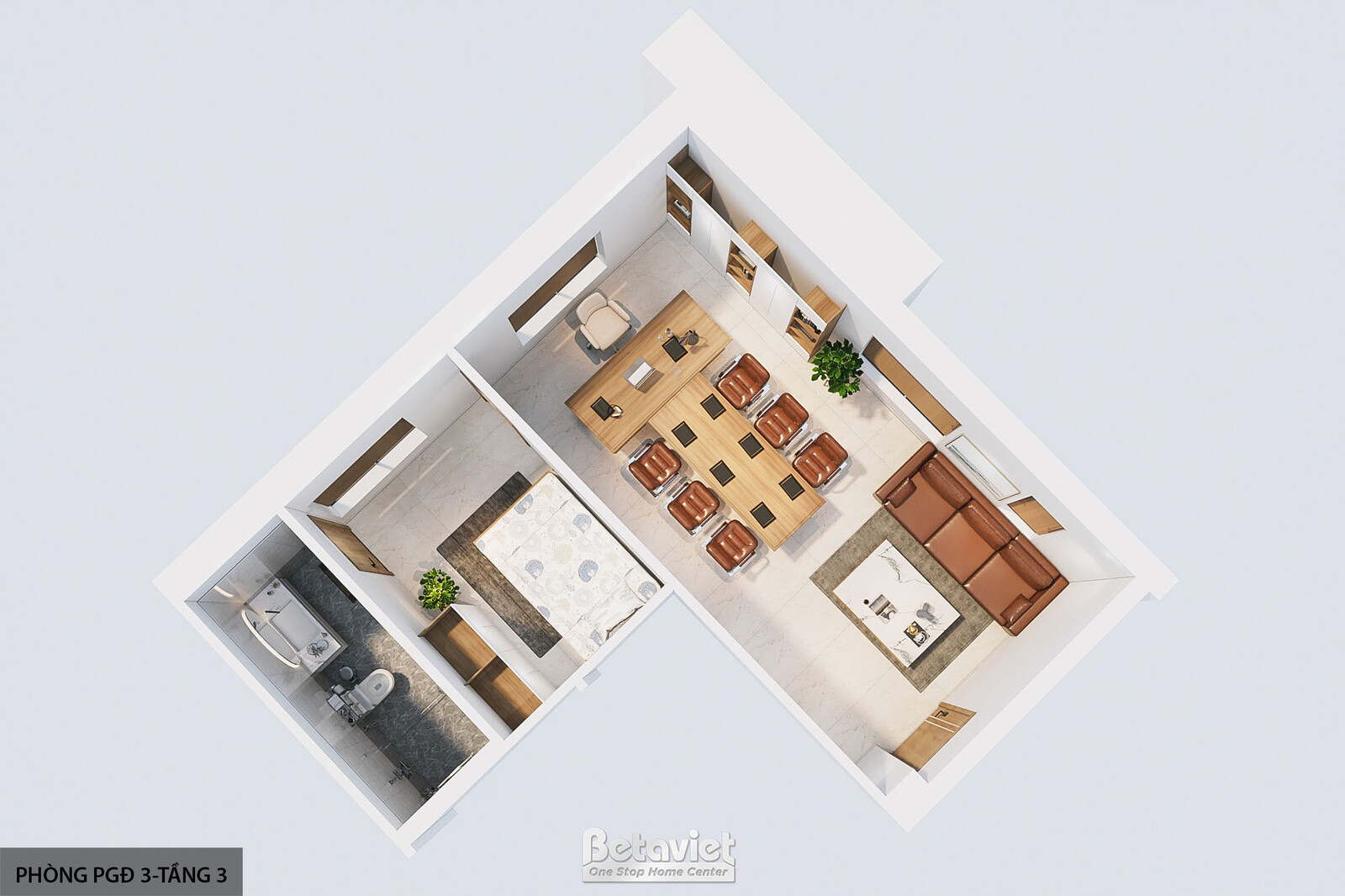 Phối cảnh mặt bằng 3D một căn phòng phó giám đốc nhìn chéo từ trên, thể hiện rõ khu làm việc, khu tiếp khách và phòng vệ s…