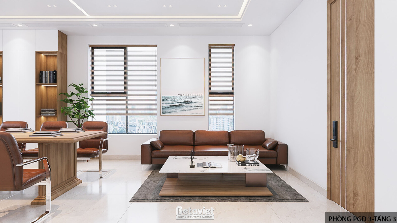 Khu tiếp khách phòng phó giám đốc nhìn qua cửa sổ kính lớn thấy view thành phố, sofa da nâu bố trí quanh bàn trà, kệ gỗ tr…