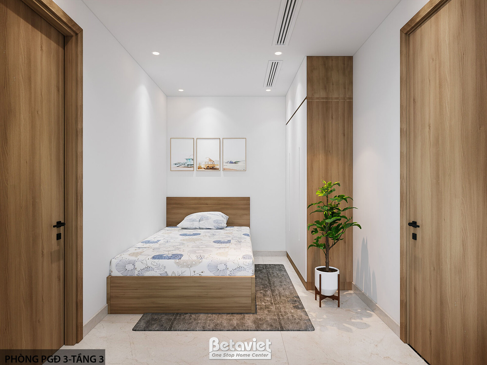 Phòng nghỉ phó giám đốc với giường đơn gỗ nâu kê sát tường, tranh treo khung gỗ phía trên, tủ áo âm tường, cây xanh nhỏ gó…