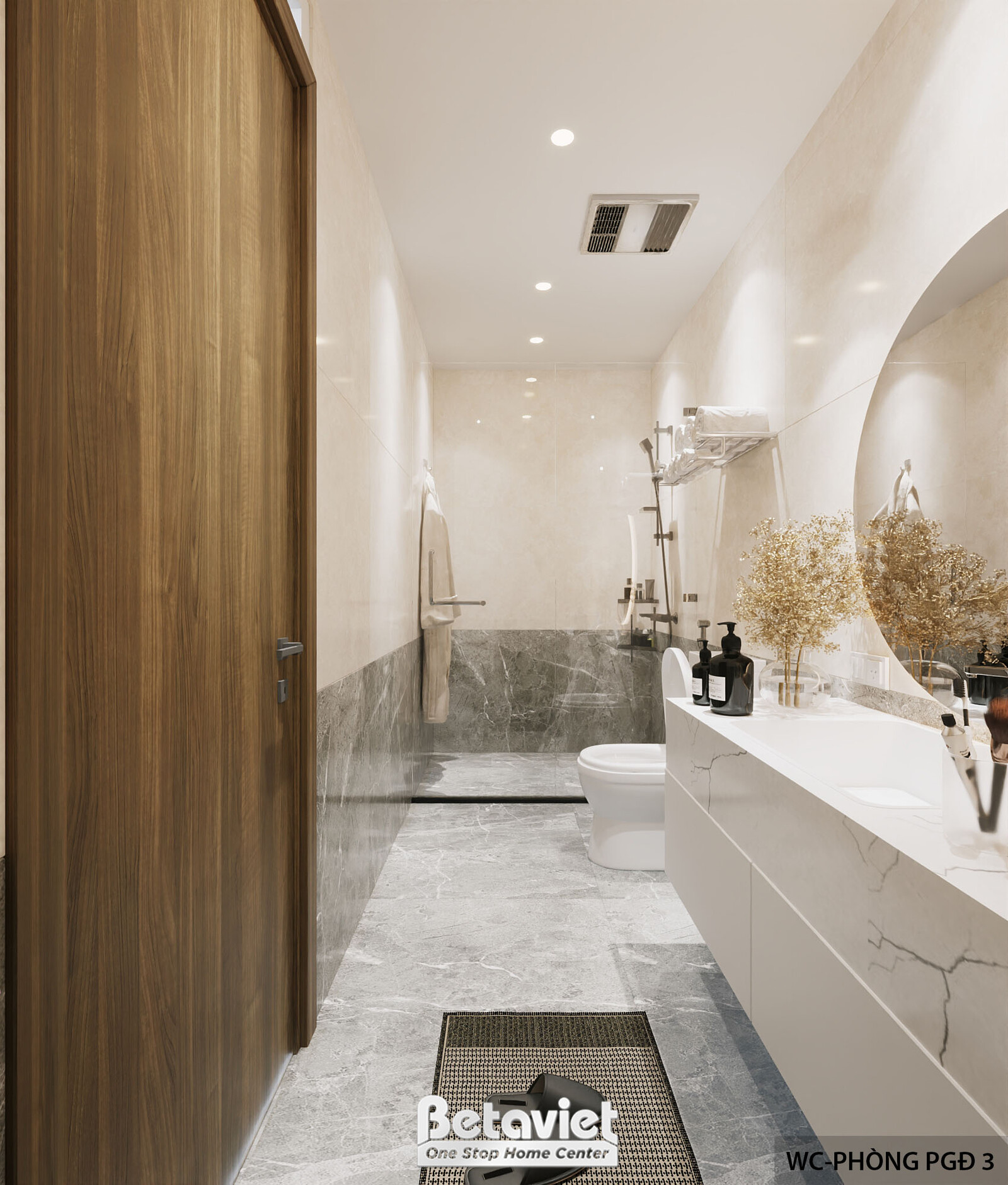 Phòng vệ sinh phòng phó giám đốc dạng hành lang dài, vách đá marble xám-trắng, bồn rửa dài mặt đá trắng, khu tắm đứng kính…